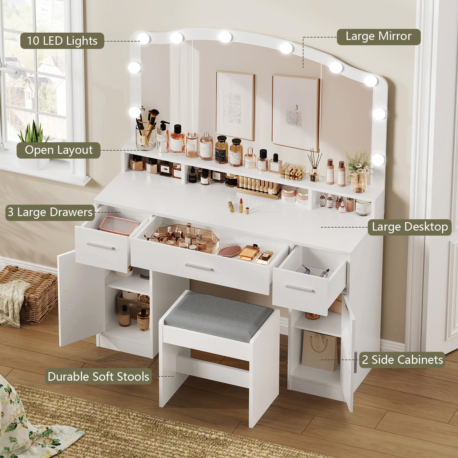 USIKEY White Makeup Vanity with Lights - 10 LED Dressing Table with 3 Drawers, 2 Cabinets & Storage Shelf, Includes Stool - Perfect for Women & Girls Bedroom, Beauty Salon or Dressing Room