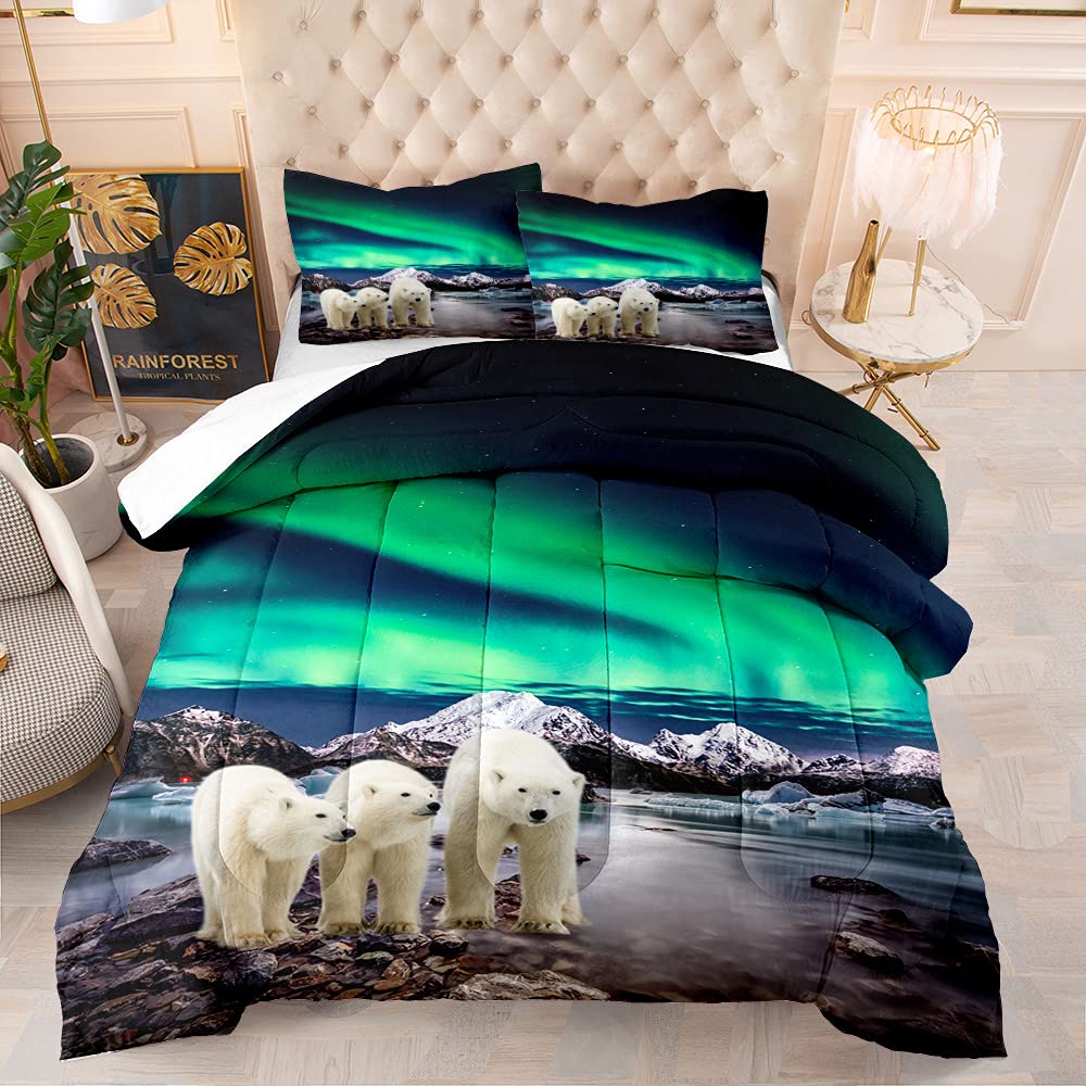 Polar Bear Bedding Set - Soft Microfiber Comforter with Aurora Borealis Print (Twin/Full/Queen) - Lightweight Quilt & 2 Pillowcases - Green Aurora Fluid Bear Theme for Cozy Bedroom Decor | Perfect for Kids' Rooms, Guest Bedrooms & Winter-Themed Home Decor
