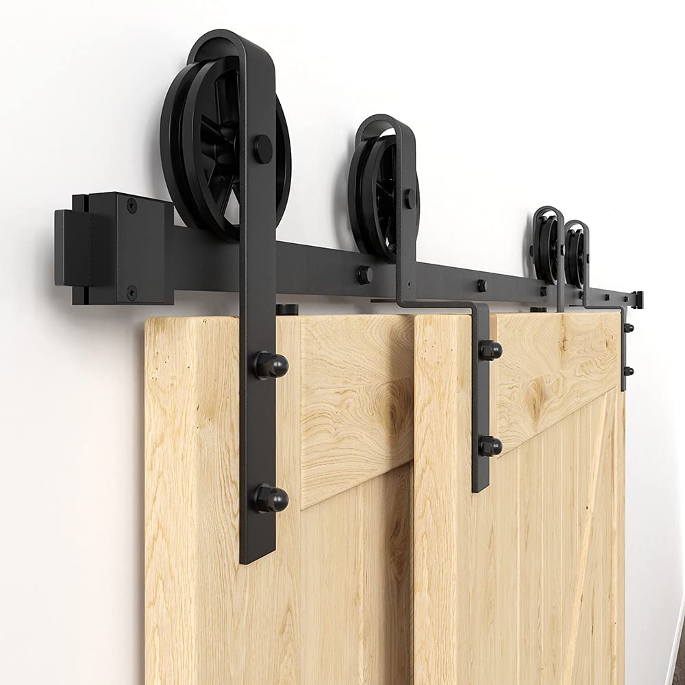 WINSOON 5FT to 10FT Adjustable Bypass Sliding Barn Door Hardware Kit - Heavy Duty Single Track System for Double Doors with Big Spoke Wheels - Low Ceiling Design for Bedroom, Closet, or Farmhouse Style Interior