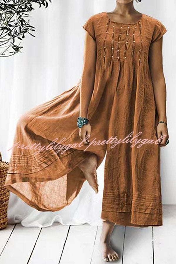 Tina Women's Short Sleeve Ruched Detail Wide Leg Jumpsuit - Casual Summer Outfit for Beach, Vacation & Date Night