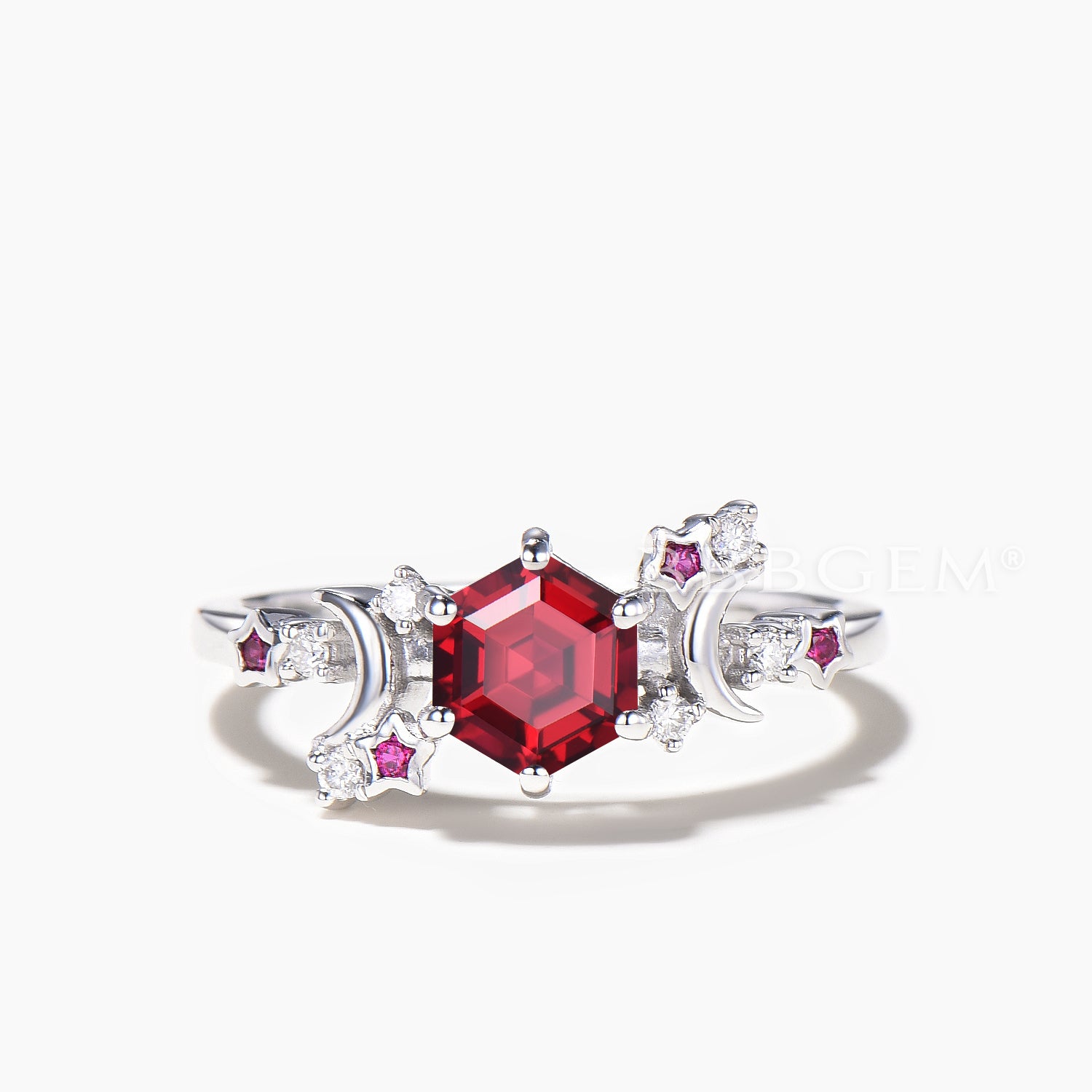 Hexagon Cut Ruby Engagement Ring with Diamonds - Elegant Celestial Wedding Band for Women, Perfect for Proposals, Anniversaries, and Bridal Jewelry Gifts