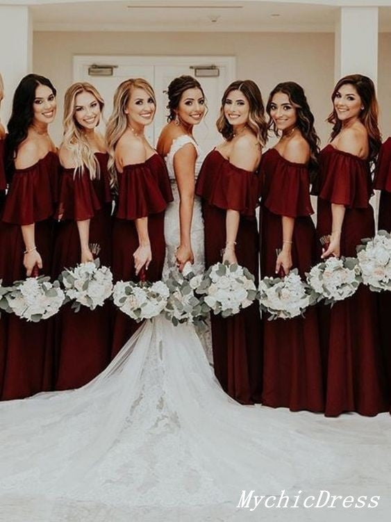 Elegant Long Off the Shoulder Burgundy Chiffon Boho Bridesmaid Dresses for Weddings & Special Occasions - Flowy & Comfortable