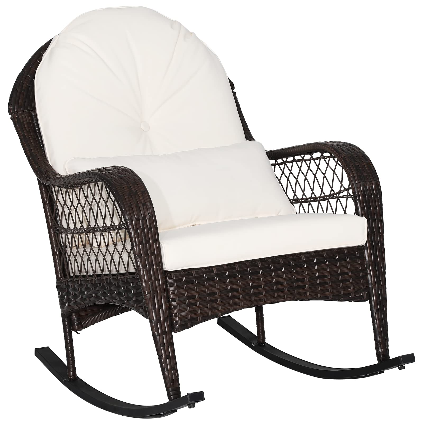 Tangkula Outdoor Wicker Rocking Chair with Cushions - Patio Rattan Rocker with Seat Back & Waist Pillow, Sturdy Metal Frame, Mix Brown Color - Perfect for Balcony, Porch, Backyard, Garden Relaxation (1, Off White)