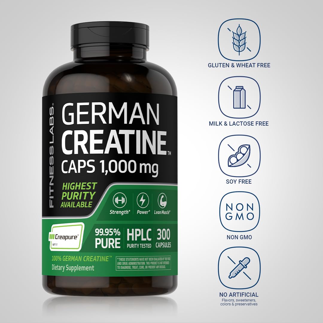 Fitness Labs German Creatine Monohydrate 1000mg Capsules - 300 Count | Non-GMO, Gluten Free Workout Supplement for Muscle Growth & Strength | Pre-Workout, Post-Workout & Athletic Performance