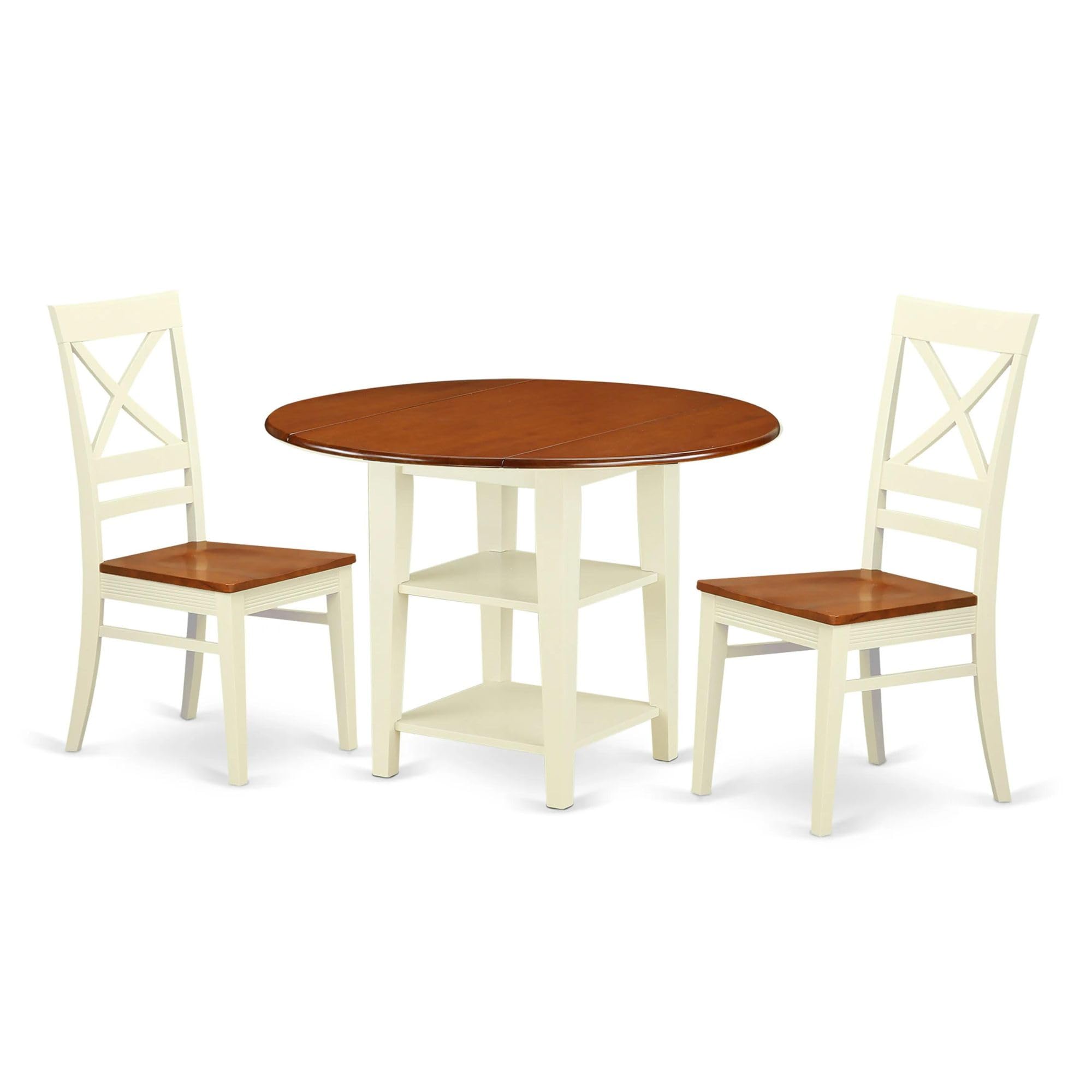 Modern 3-Piece Dining Table Set with Round Wooden Table, Drop Leaf & Shelves + 2 Chairs - 42x42 Inch, Buttermilk & Cherry - Perfect for Small Spaces, Breakfast Nooks & Cozy Apartments