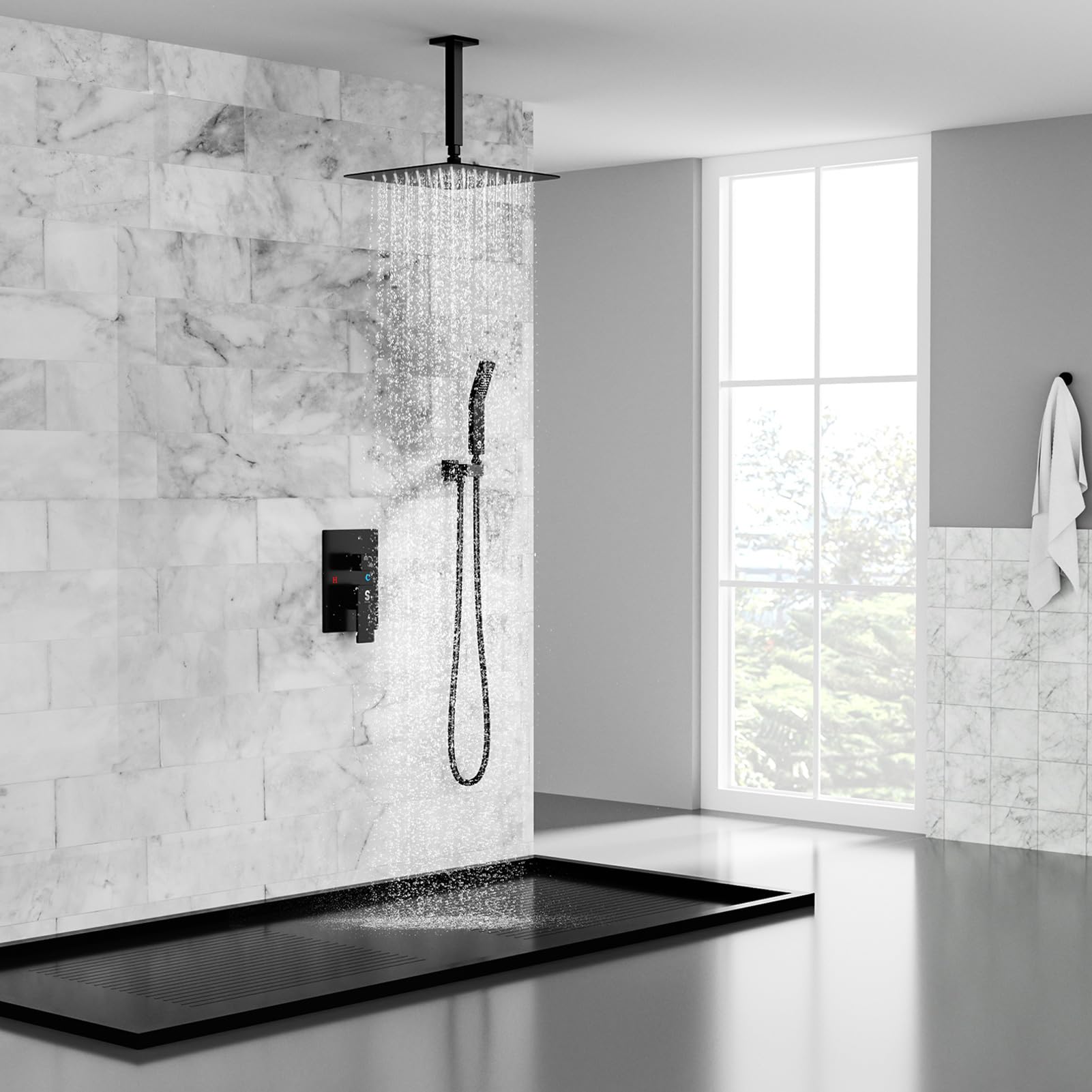 SR SUN RISE 10 Inch Ceiling Mounted Rainfall Shower System - Matte Black Shower Combo Set with Mixer Valve & Rough-in Trim - Perfect for Modern Bathroom & Spa Experience