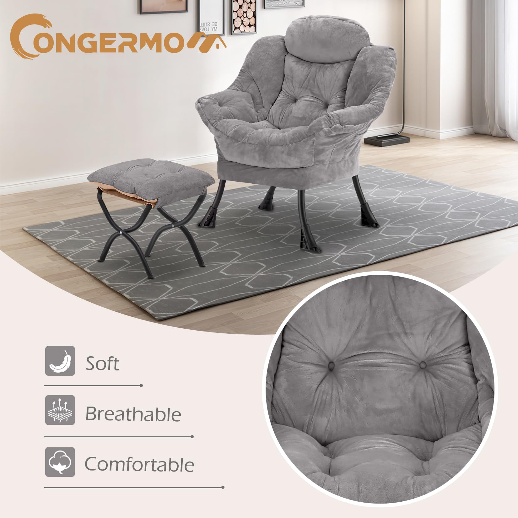 Comfortable Lazy Chair with Folding Ottoman - Soft Fabric Armchair with Armrests & Side Pockets - Reading Chair with Footrest for Living Room, Bedroom, Office (Plush Light Grey) - Perfect for Relaxing, Napping & Watching TV at Home