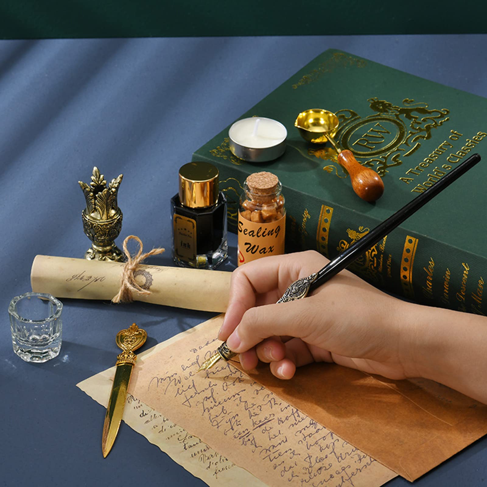 Premium Gold Calligraphy Pen Set with Ink - Wooden Fountain Pen, Sealing Wax Beads, Tea Candle, Glass Cup, Letter Opener & Wax Seal Spoon - Elegant Gift Box for Teachers, Women | Perfect for Wedding Invitations, Thank You Cards & Handwritten Letters