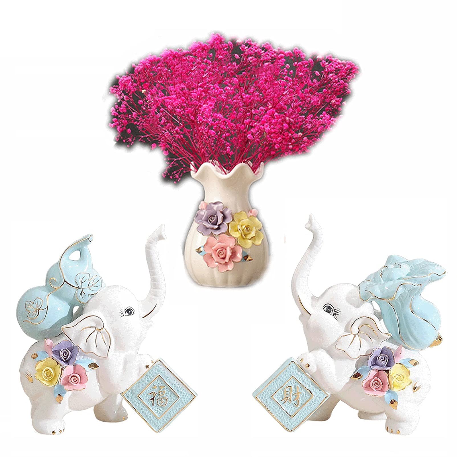 FISISZ Set of 3 White Ceramic Elephant Statues - Porcelain Figurine Vase for Home & Office Decor - Elegant Gift Idea for Housewarming, Wedding & Feng Shui Decorations