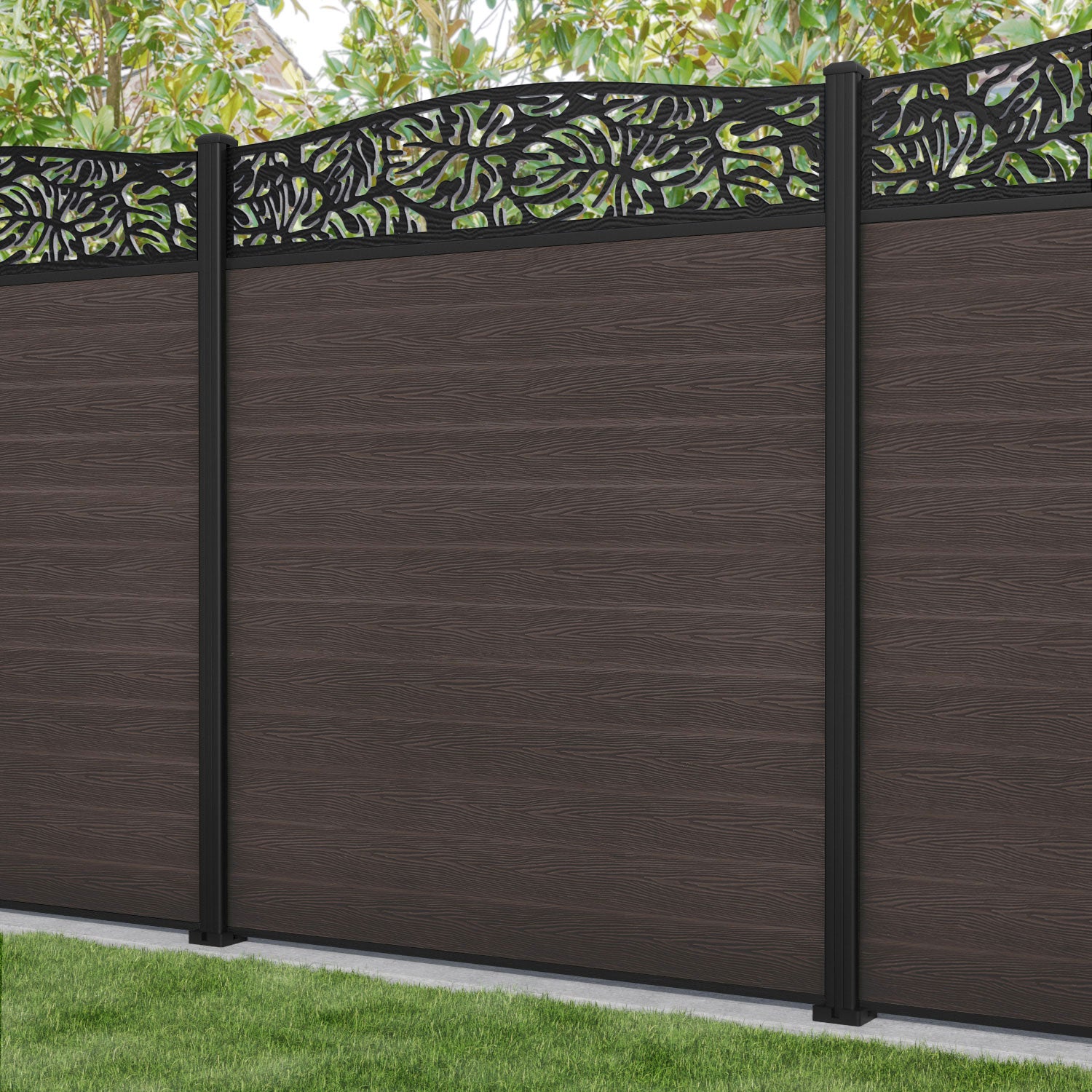 Classic Botanic Curved Top Fence Panel - Mid Brown Wooden Garden Fence with Aluminum Posts for Backyard Privacy & Decoration | Outdoor Landscaping, Patio, Yard Boundary Solution