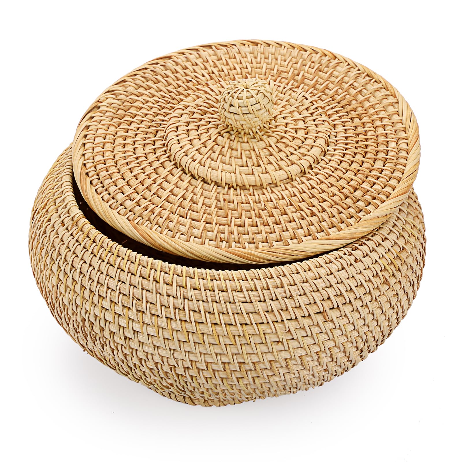 Hipiwe Round Rattan Basket with Lid - Handwoven Wicker Storage Bin for Picnic, Bread, Home & Bathroom Organization - Small Decorative Box for Shelves, Multi-Purpose Tray (Perfect for Farmhouse Decor, Gift Wrapping & Clutter Control)