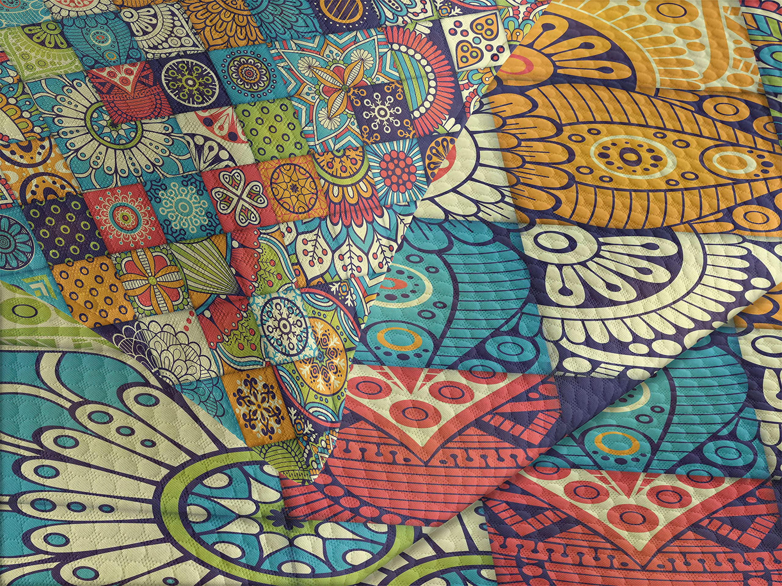 Ambesonne Bohemian Bedspread Set - King Size Geometric Floral Pattern Bedding with 2 Pillow Shams, Green & Blue Folk Art Abstract Design | Perfect for Boho Chic Bedroom Decor, Guest Room Makeover & Cozy Home Styling