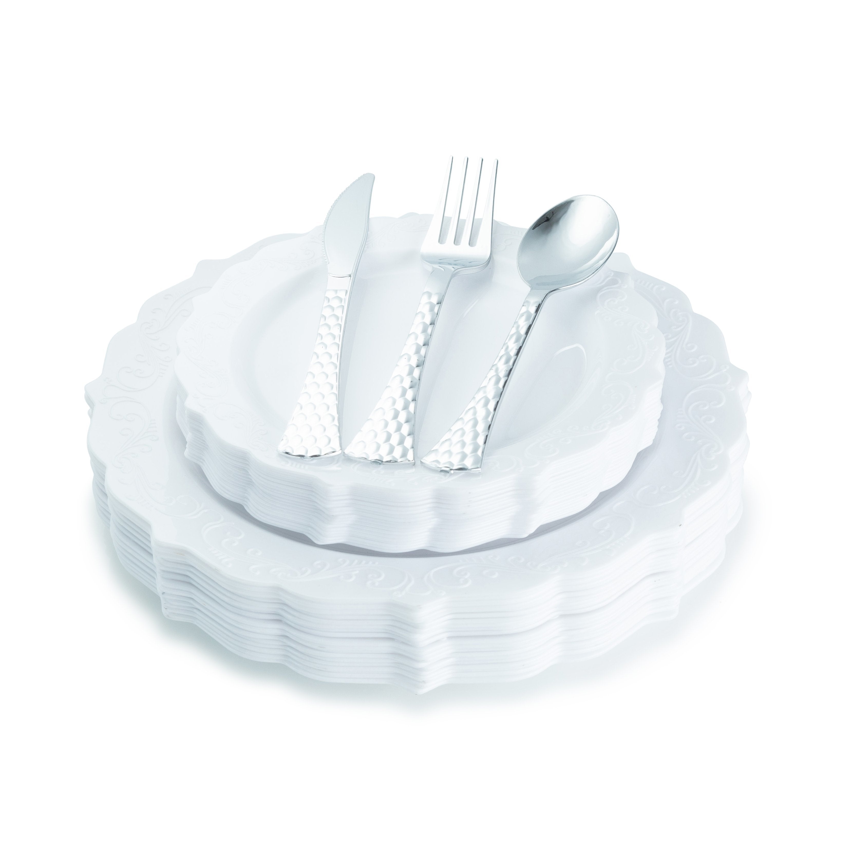 100-Piece White Round Plastic Dinnerware & Silverware Set (20 Servings) - Elegant Disposable Tableware for Parties, Picnics, Weddings & Outdoor Events