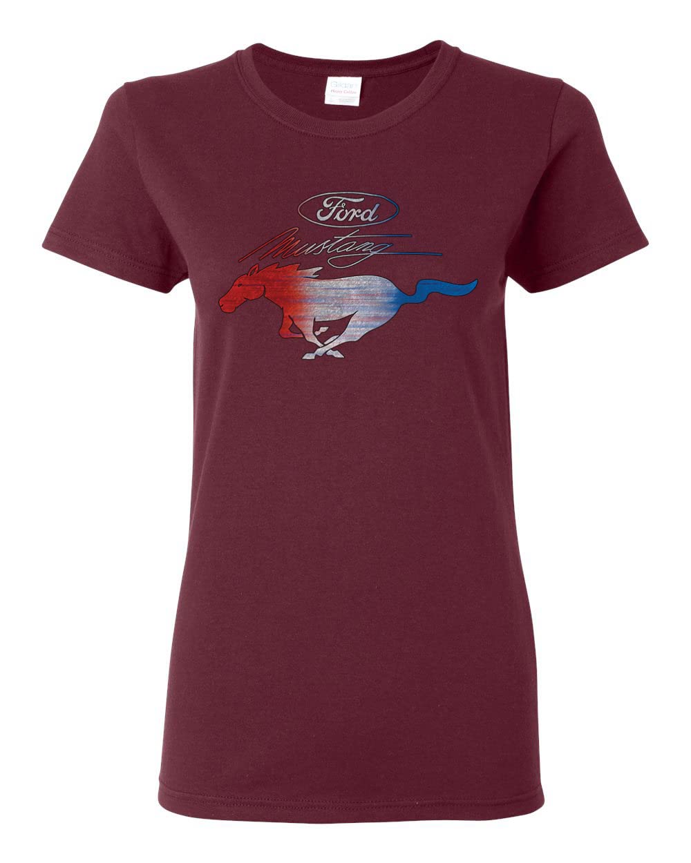Ford Mustang Graphic T-Shirt for Women - USA Flag & Mustang Emblem Design - Casual Wear for Car Enthusiasts & Truck Lovers