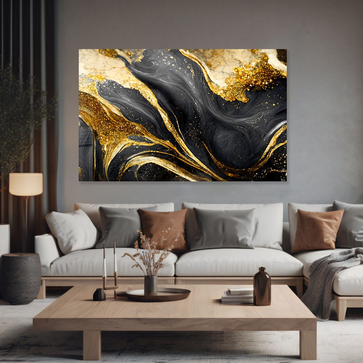 Golden Black Flower Tempered Glass Wall Art - Elegant Home Decor for Living Room, Bedroom & Office | Shatterproof & Stylish