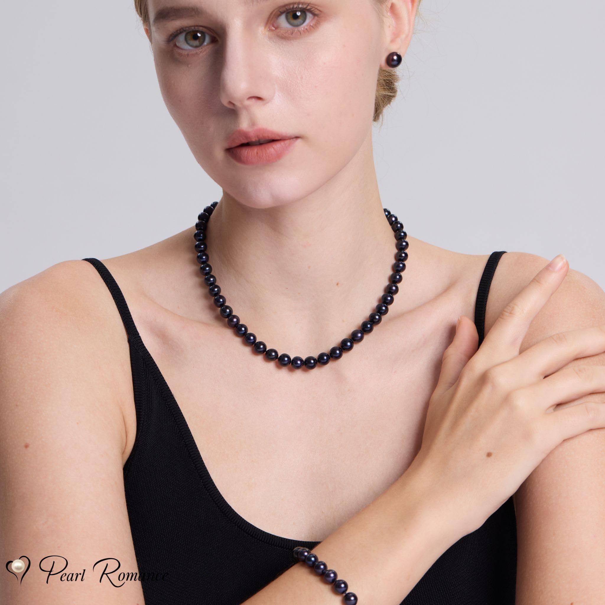 Black Pearl Jewelry Set for Women - Round Cultured Freshwater Pearl Necklace, Bracelet & Stud Earrings 3-Piece Gift Set | Elegant Christmas Present, Wedding Accessories & Formal Occasion Wear