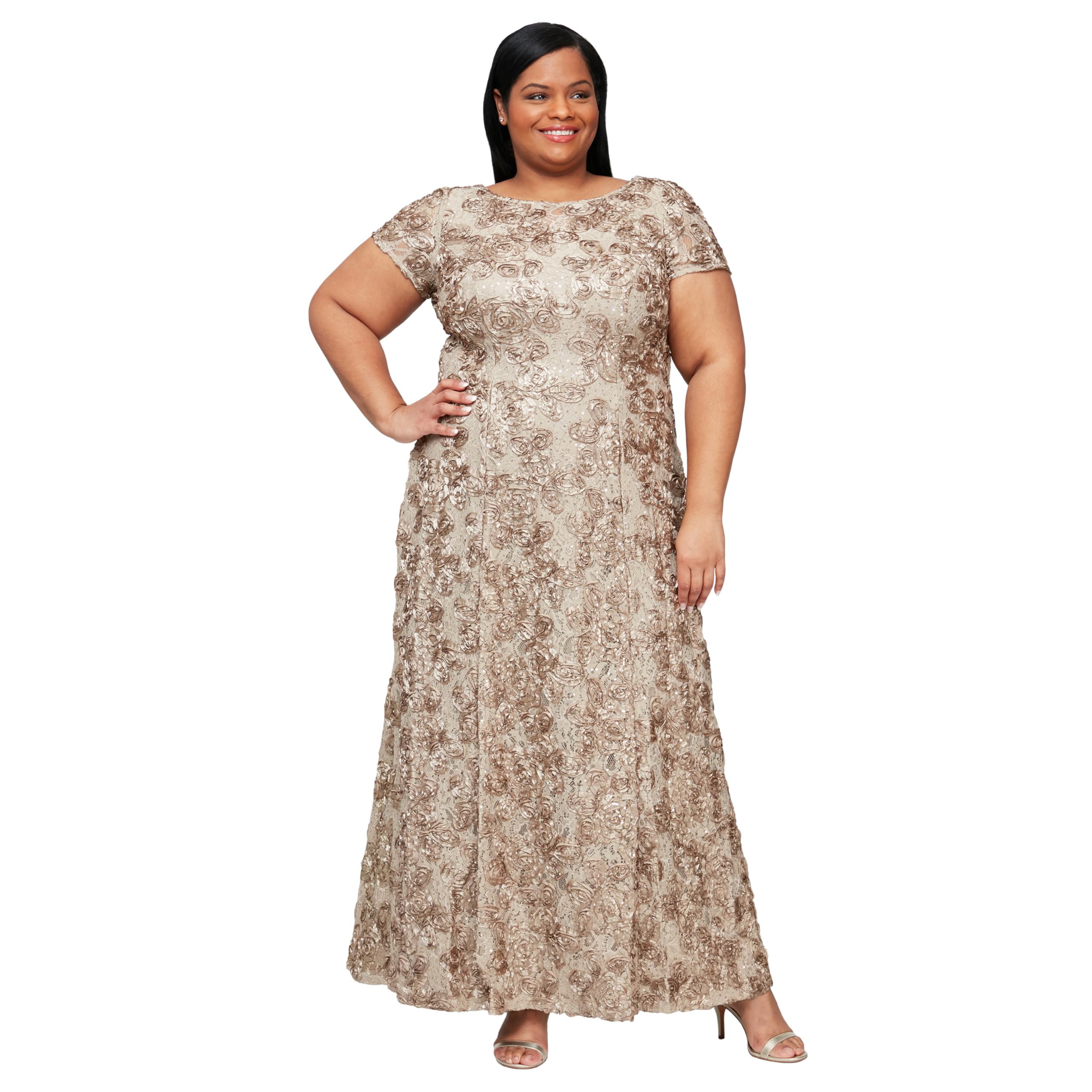 Alex Evenings Women's Plus Size Long Rosette Mother of The Bride Dress - Elegant Short Sleeve Formal Gown for Weddings, Parties & Special Occasions