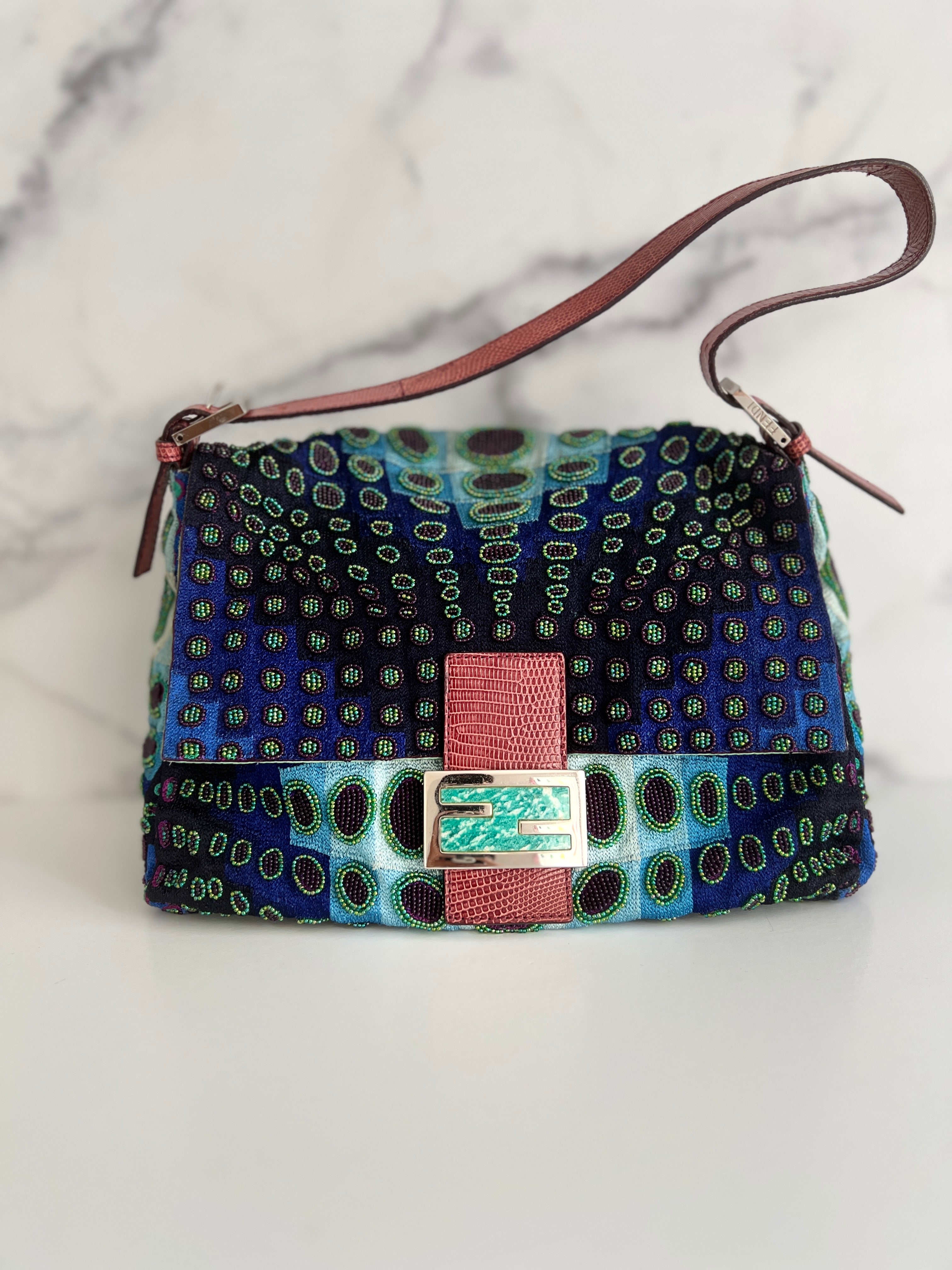 Fendi Mamma Size Deep Ocean Beaded Baguette Bag - Luxury Designer Crossbody Purse for Women, Perfect for Evening Parties & Special Occasions
