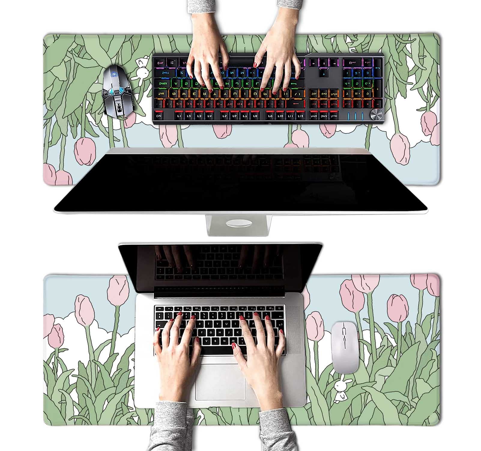 Cute Pink Floral Mouse Pad - Kawaii Aesthetic Wildflowers Design, Minimalist Extra Large Desk Mat (31.5