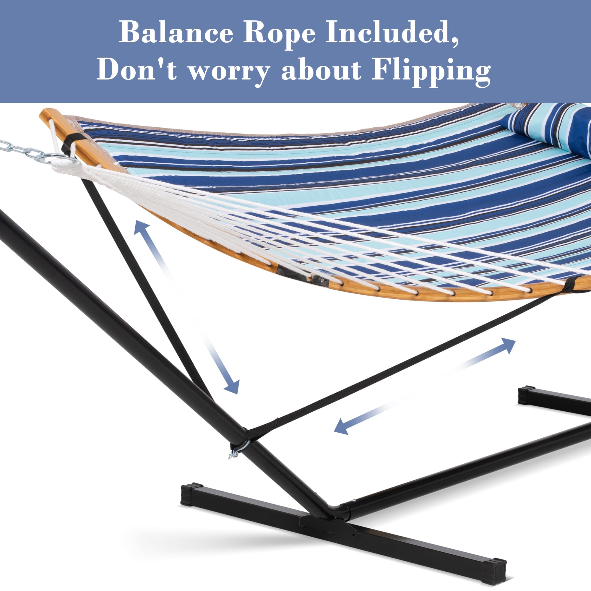 SUNCREAT Double Hammock with Stand - Portable Outdoor Hammock Set Includes Large Pillow (Blue Stripes) - Perfect for Backyard, Camping & Beach Relaxation