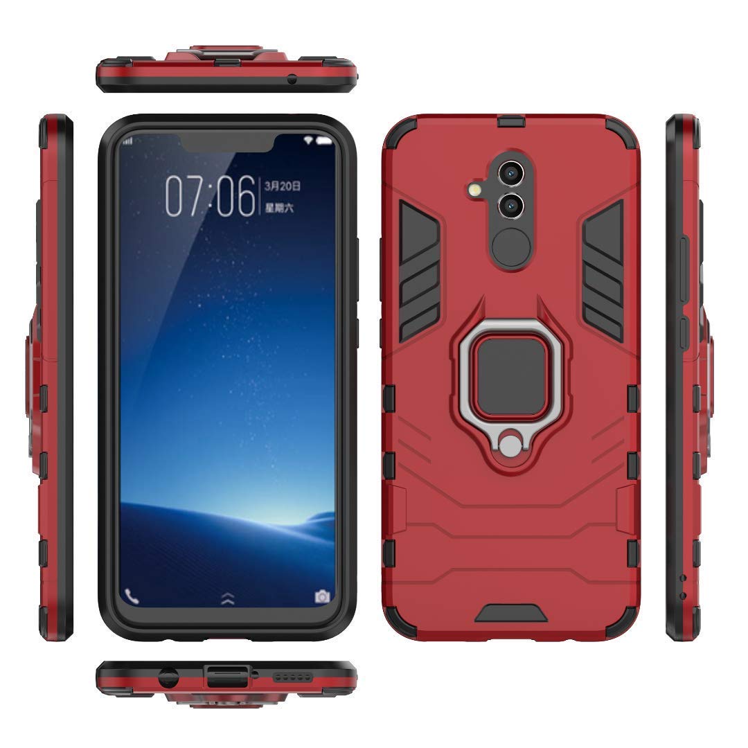 Shockproof Rugged Dual Layer Case for Huawei Mate 20 Lite with Metal Ring Grip & Kickstand - Compatible with Magnetic Car Mount - Durable Hard Bumper Shell (Red) - Perfect for Outdoor Activities, Travel & Daily Protection
