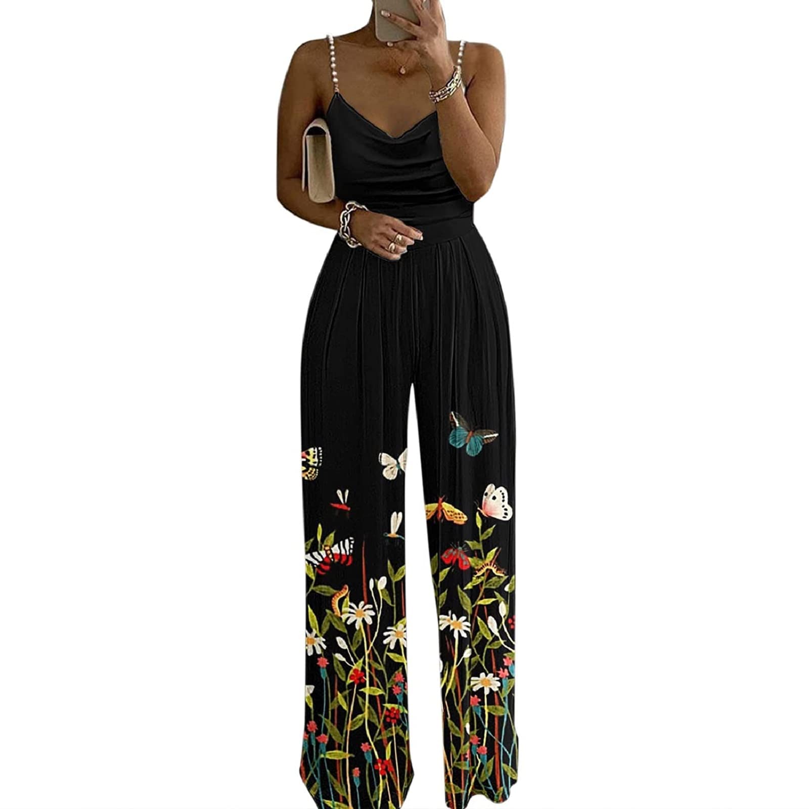 Women's Summer Wide Leg Jumpsuit - Sleeveless V-Neck One-Piece Romper with Elegant Pearl Spaghetti Straps | Beach Vacation, Party Outfit, Casual Wear