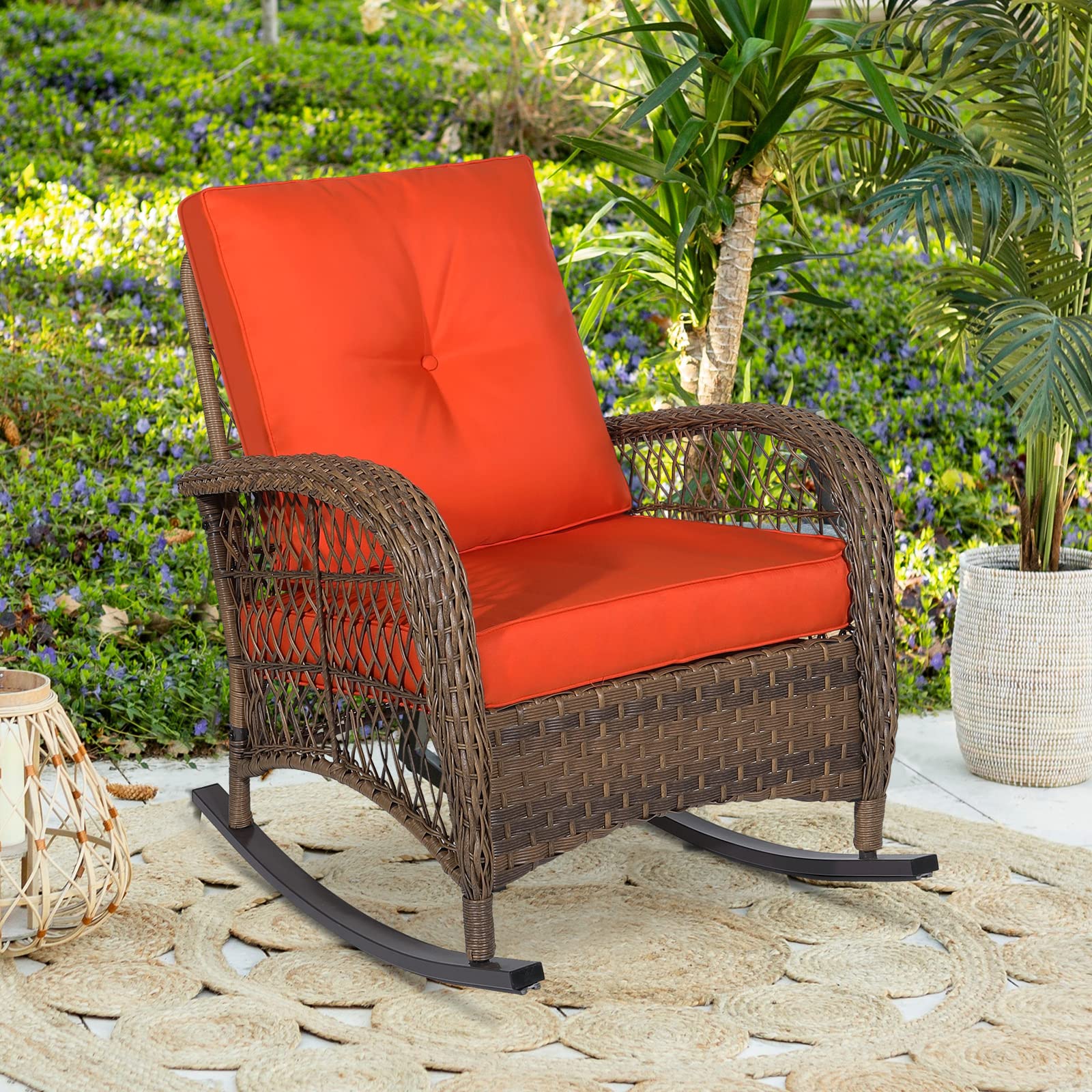 All-Weather Outdoor Wicker Rocking Chair with Thickened Cushions - Durable Rattan Patio Rocker for Porch, Garden & Backyard - Perfect for Relaxing, Reading & Sunbathing (Orange)