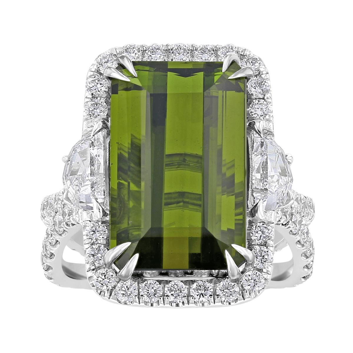 JULEVE 10.14 CT Tourmaline & 2.03 CTW Diamond 3-Stone Halo Ring - Elegant Jewelry for Weddings, Anniversaries & Special Occasions