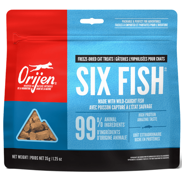 Orijen Six Fish Freeze Dried Cat Treats - Premium Grain-Free Cat Snacks for Training & Rewards - High Protein Natural Cat Food Topper for Indoor & Outdoor Cats