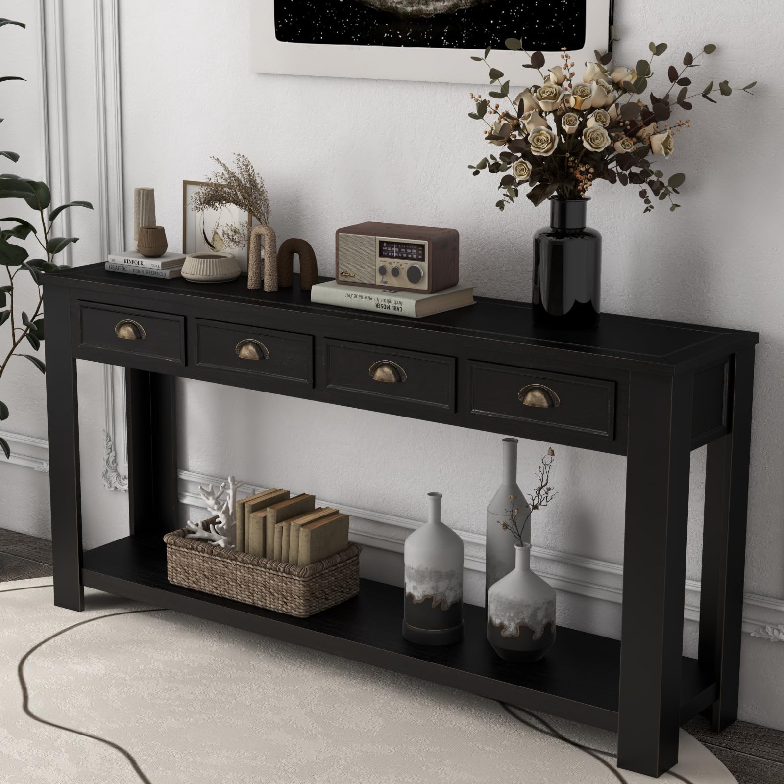 **Kinsuite 60 Inch Long Rustic Wooden Console Table with 4 Drawers & Storage Shelf - Entryway, Living Room, Hallway Sofa Table for Home Decor & Organization**    *(Perfect for foyers, behind sofas, or as a stylish hallway accent with ample storage!)*