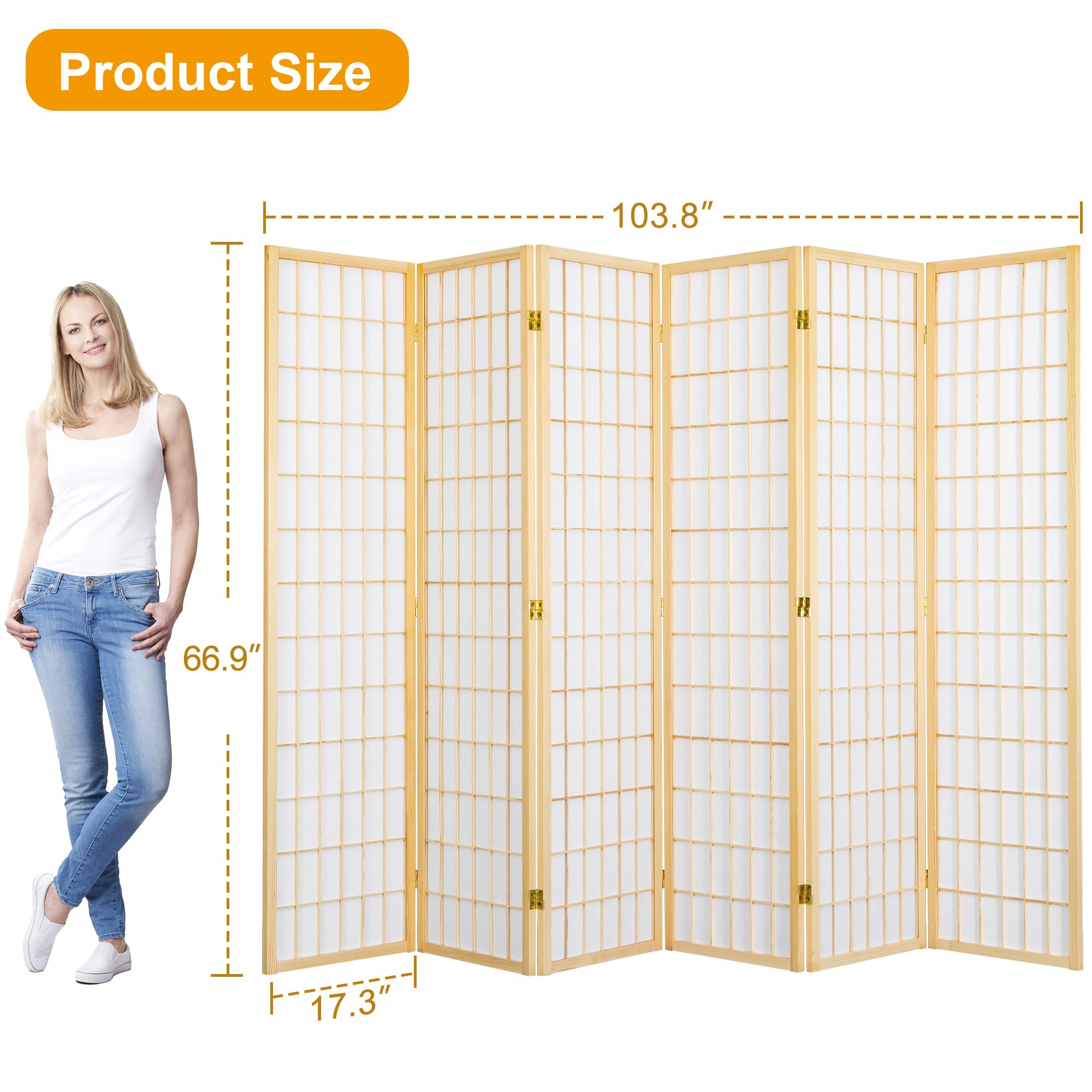 6 Panel Shoji Screen - Japanese Style Folding Room Divider for Privacy - 66.9 Inch Natural Wood Frame - No Assembly Needed - Perfect for Living Room, Bedroom, Office & Meditation Space