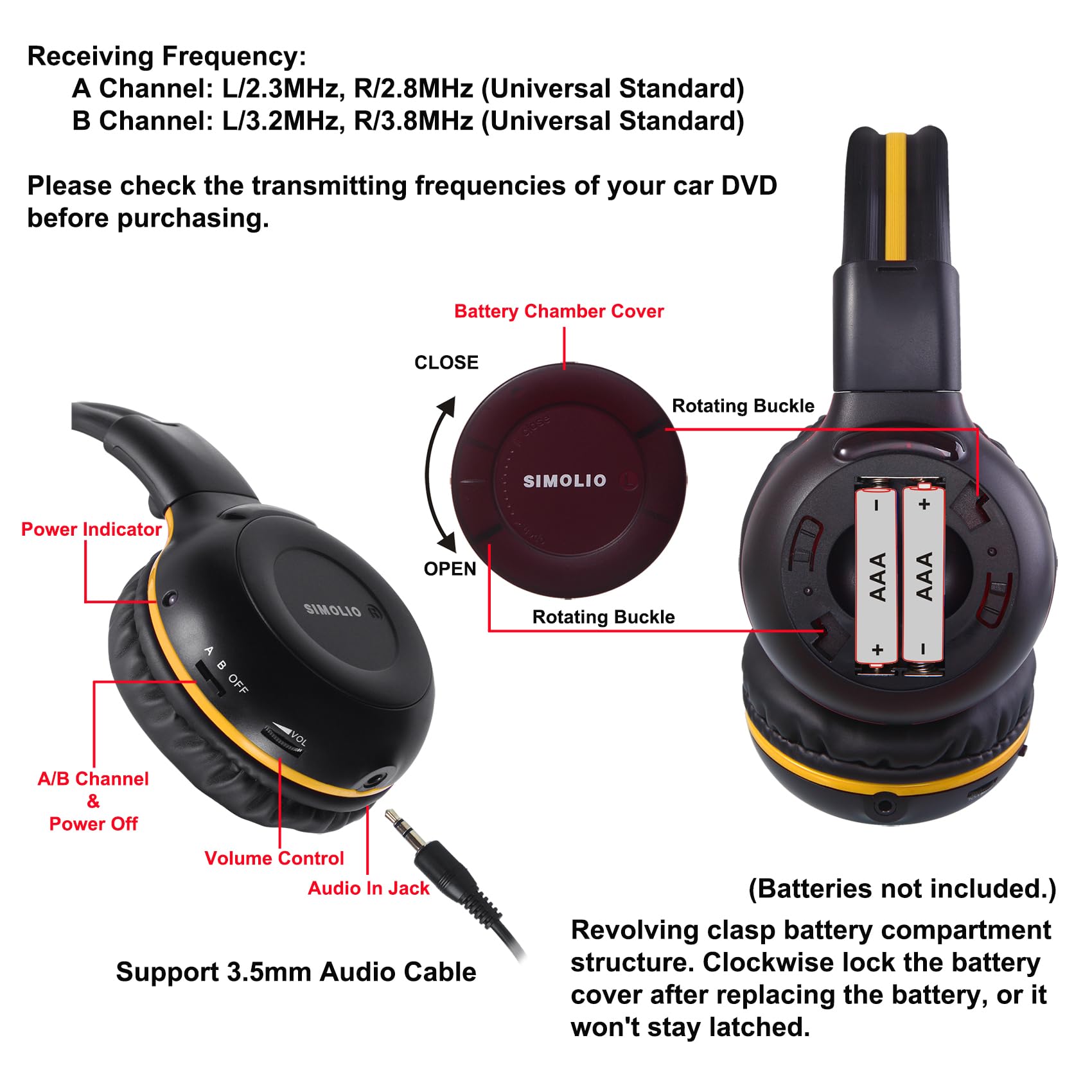 SIMOLIO 2 Pack Wireless IR Headphones with 2-Channel IR Transmitter - Compatible with TV, PC & Car DVD - Universal Kids & Rear Seat Passenger Headphones for Home Entertainment & Road Trips