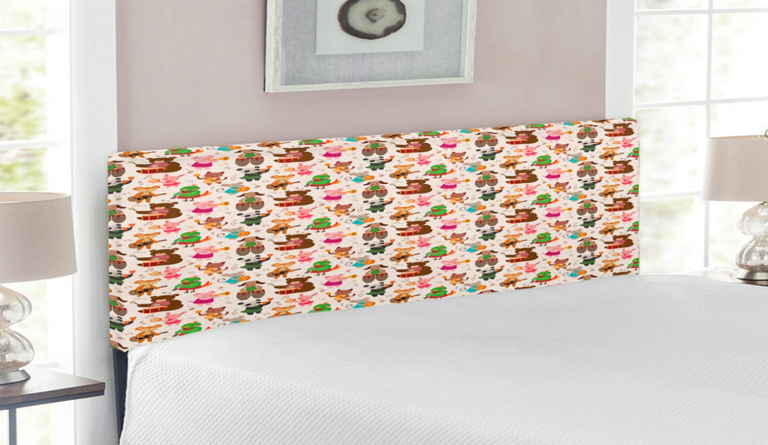 Ambesonne Music Themed Upholstered Headboard - Cartoon Band Teddy Bear Drums Kitty Fox Panda Design, Queen Size Decorative Metal Bed Frame with Memory Foam Padding | Perfect for Kids' Bedrooms, Music Lovers & Themed Nursery Decor