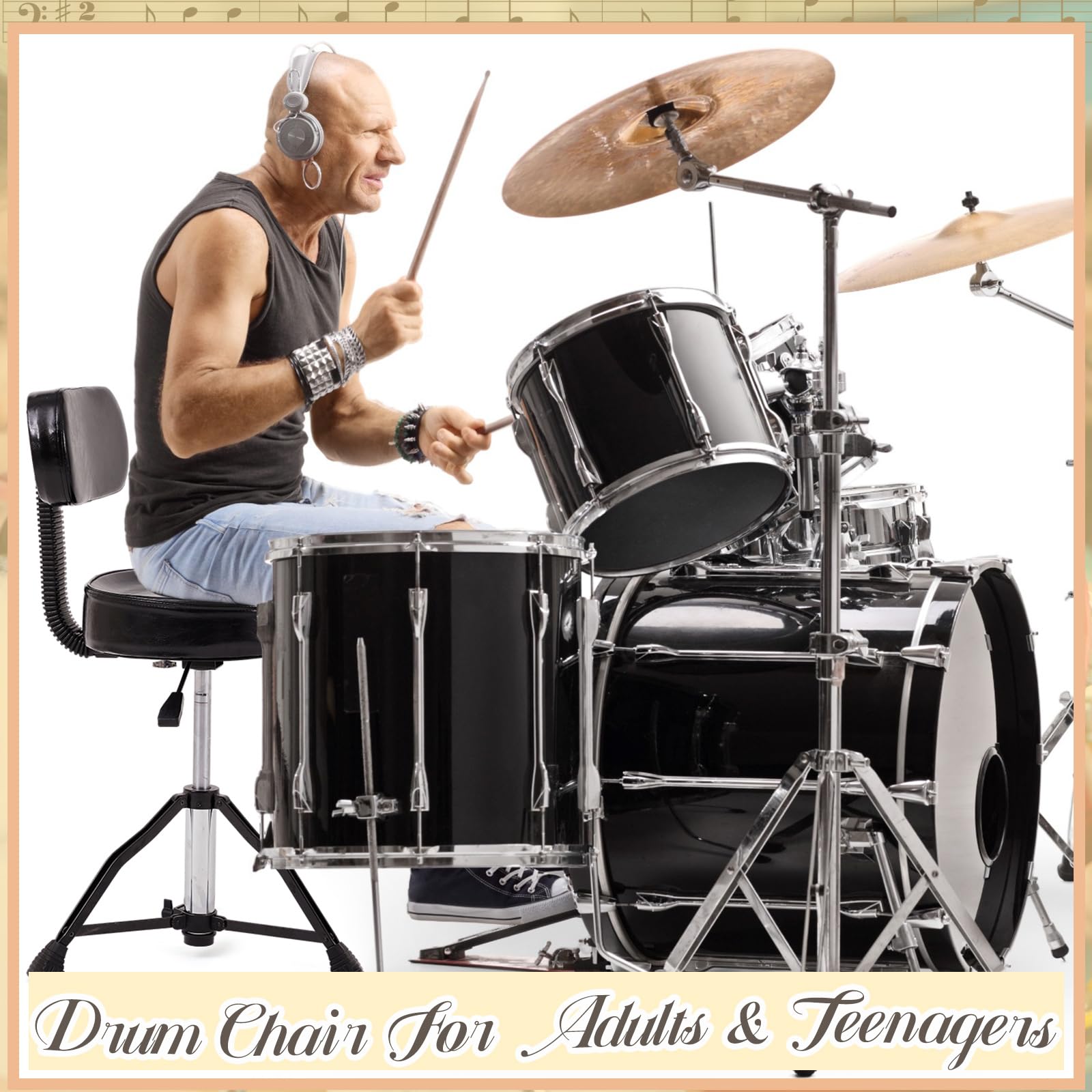 Adjustable Hydraulic Drum Throne with Backrest & Memory Foam Seat - Stable Bass Drum Stool for Adult Drummers & Guitar Players (Black, Apple Style) - Perfect for Home Studios, Live Performances & Music Practice Sessions