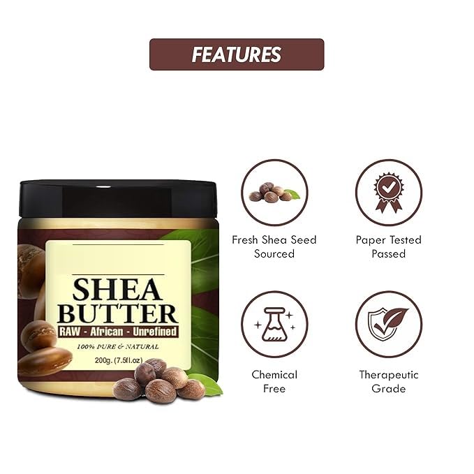 Pure Unrefined Raw Shea Butter 200g (7.5oz) - 100% Natural Ivory Moisturizer for Face, Skin & Body Care | Deep Hydration for Dry Skin, Hair Treatment, DIY Beauty Recipes & Massage Therapy