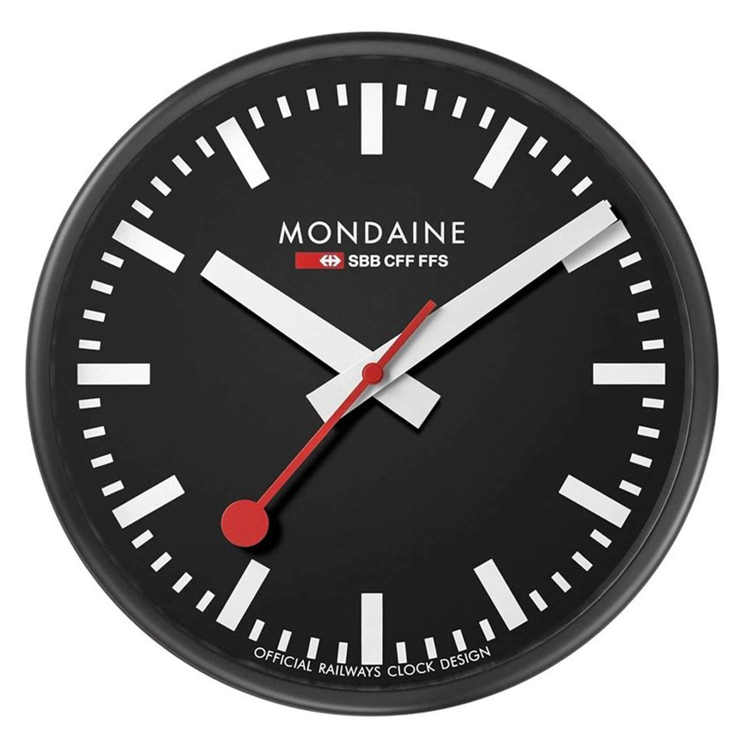 Mondaine A990.Clock.64SBB Modern Wall Clock - Black Dial & Frame - Silent Sweep Movement - Perfect for Home, Office, Kitchen, or Classroom Decor