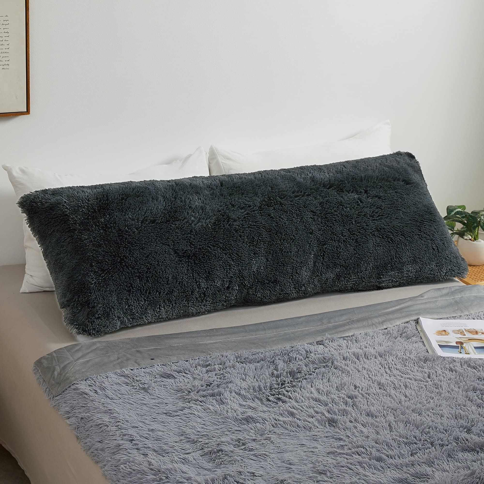 MEGO Shaggy Plush Body Pillow Cover - 20x54 Inch Grey Faux Fur Fluffy Pillowcase with Zipper, Soft Boho Fuzzy Pillow Sham for Bed, Couch & Living Room - Perfect for Cozy Home Decor, Nap Time & Movie Nights (Dark Gray)
