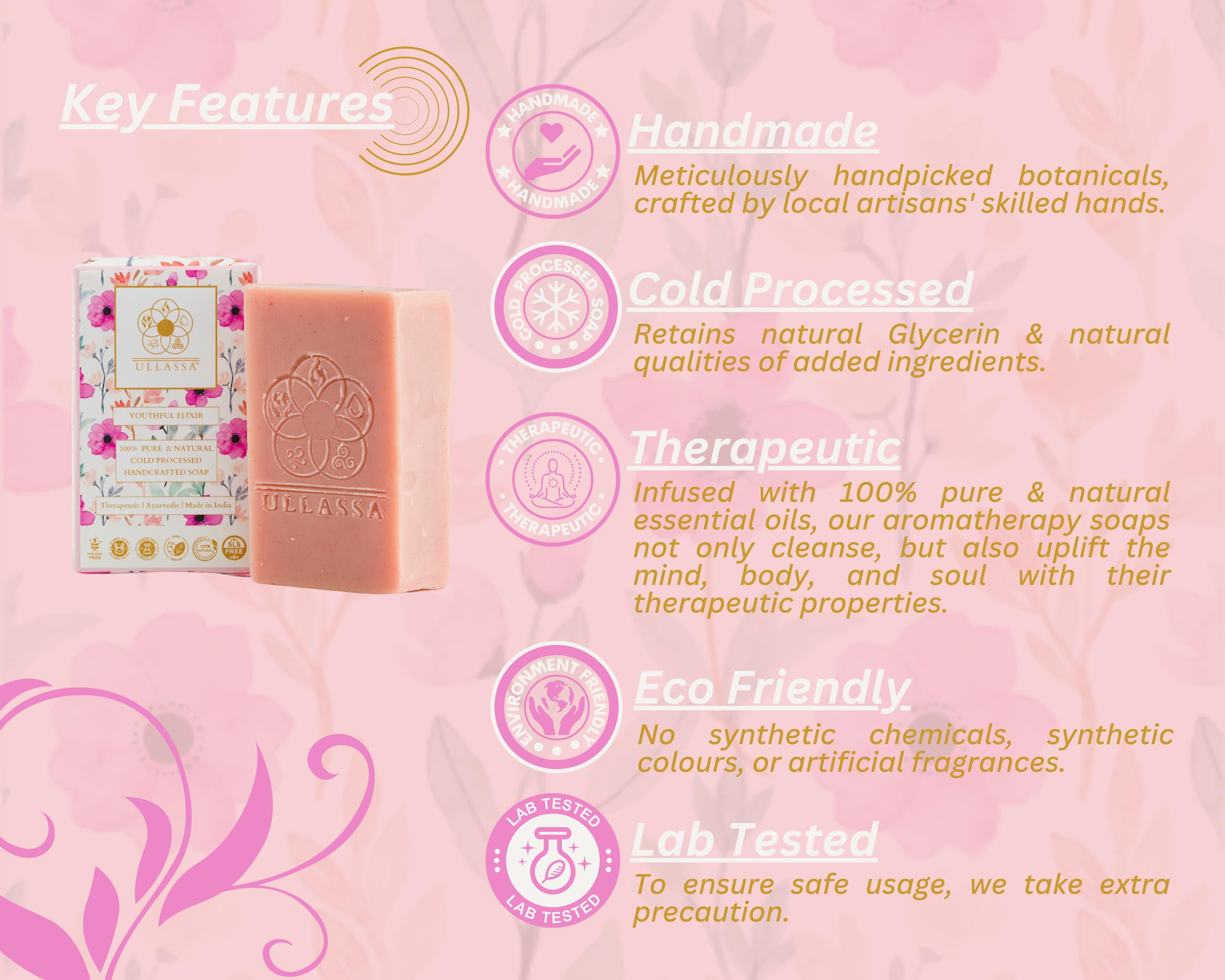 ULLASSA Aromatherapy Soap with Geranium, Manjistha & Licorice - Skin Brightening, Anti-Aging & Youthful Radiance | Grade 1 BIS Certified | Luxury Ayurvedic Bath Bar for Face & Body | Promotes Natural Glow - Perfect for Spa Days, Self-Care Rituals & Gifting (Pack of 1)