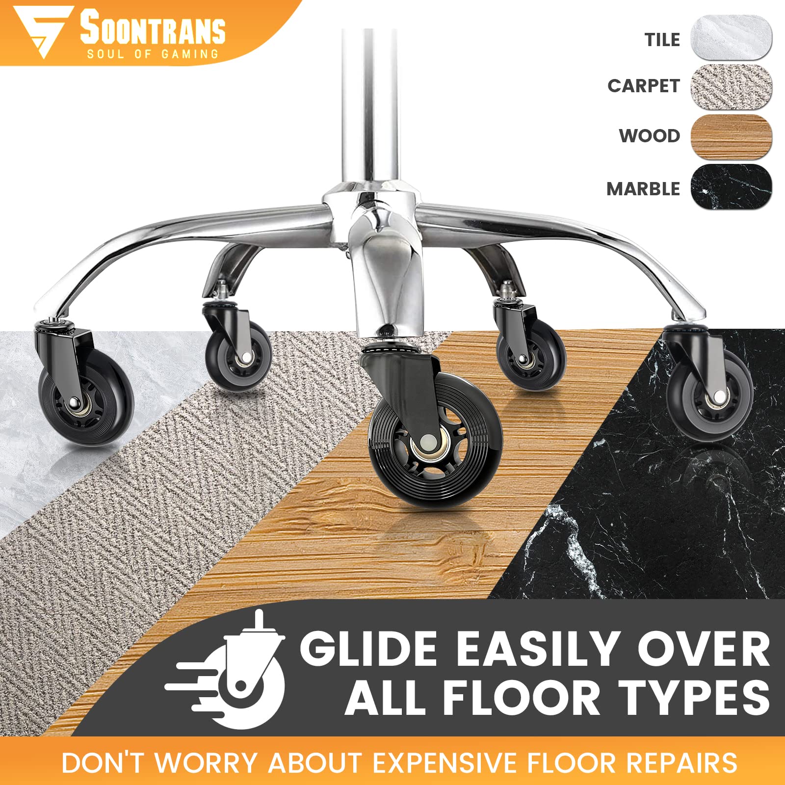 Soontrans 5-Pack Heavy Duty Rollerblade Caster Wheels for Office & Gaming Chairs - Universal Replacement Wheels for Carpet & Hardwood Floors - Ergonomic Computer Chair Accessories for Home & Office Workspaces