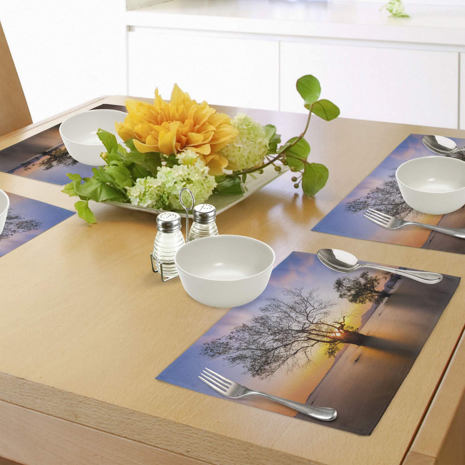 Ambesonne Coastal Place Mats Set of 4 - Sunrise Seascape with Autumn Trees Design, Washable Fabric Table Mats for Dining Room & Kitchen Decor in Blue & Yellow | Perfect for Beach-Themed Dinner Parties, Holiday Gatherings & Coastal Home Decor