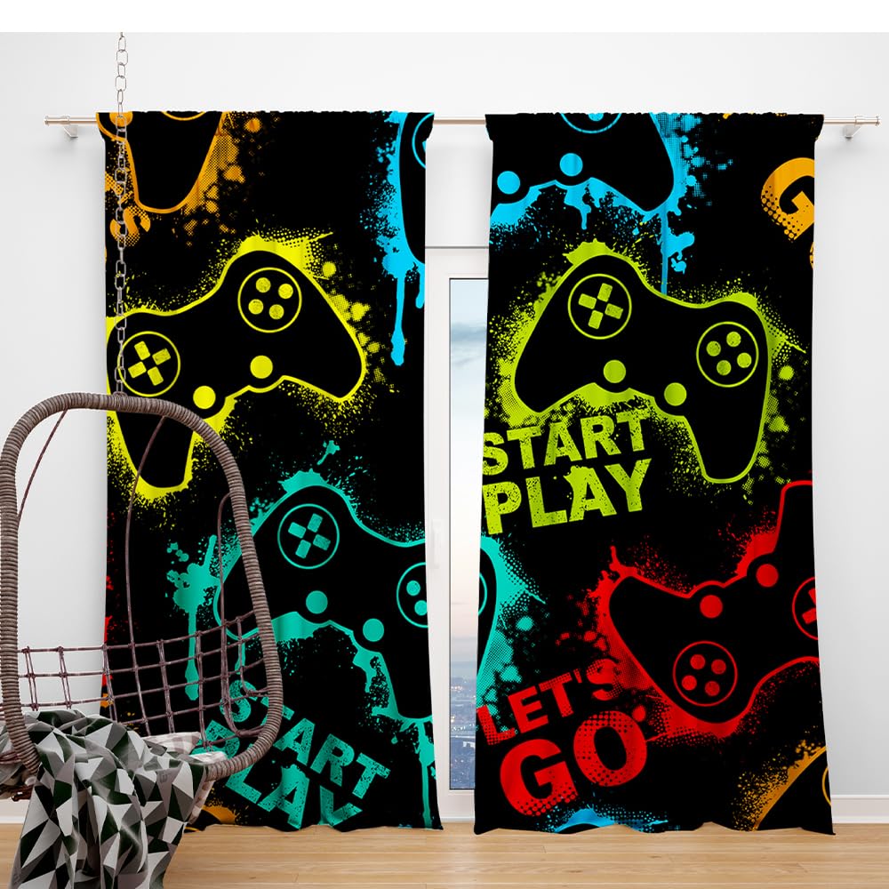 82x84 Inches Neon Game Controller Window Curtains for Gaming Room Decor - Modern Video Game Themed Blackout Drapes for Bedroom, Living Room & Teen Boys Room - 2 Panel Set for Ultimate Gaming Atmosphere
