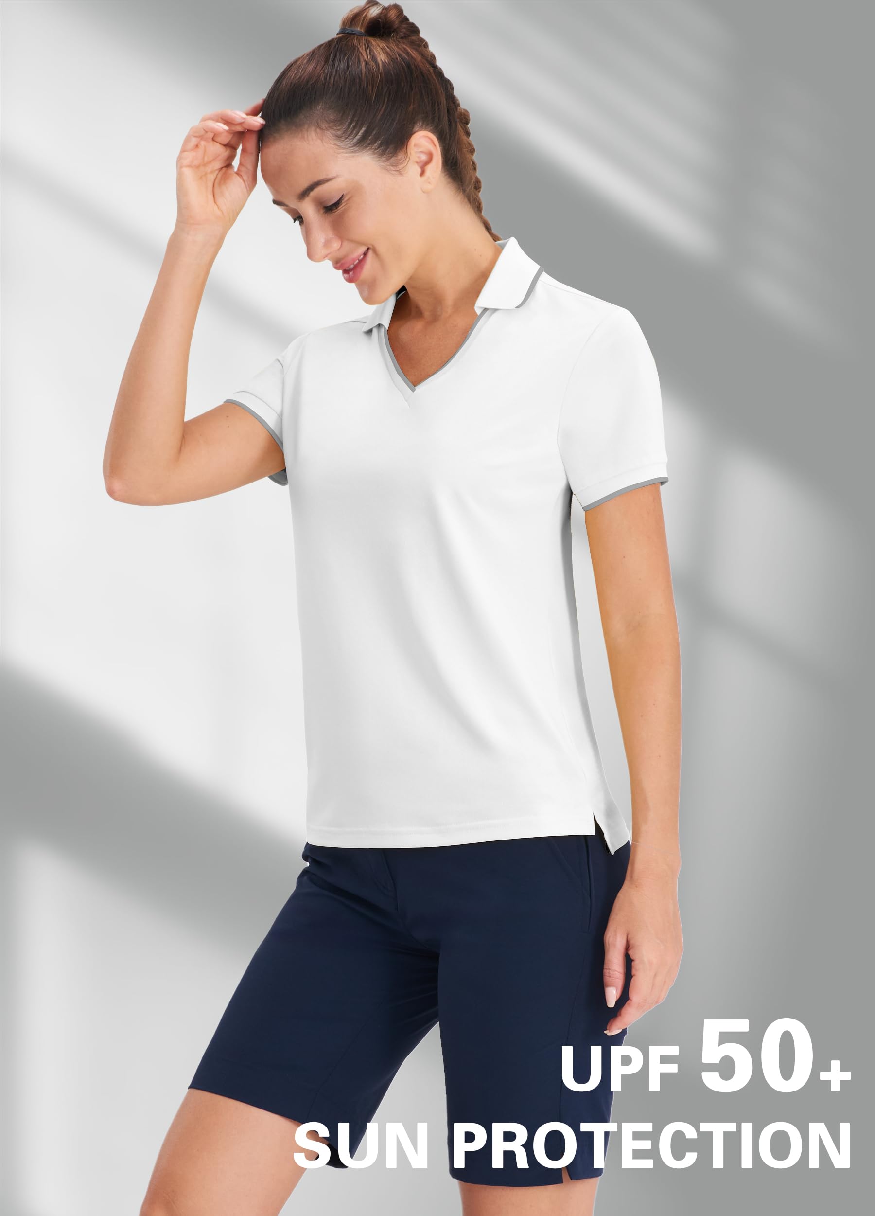 Hiverlay Women's Quick-Dry V-Neck Polo Shirt - Lightweight Golf & Tennis Shirt with Sun Protection - White XXXL - Perfect for Golf, Tennis & Outdoor Activities