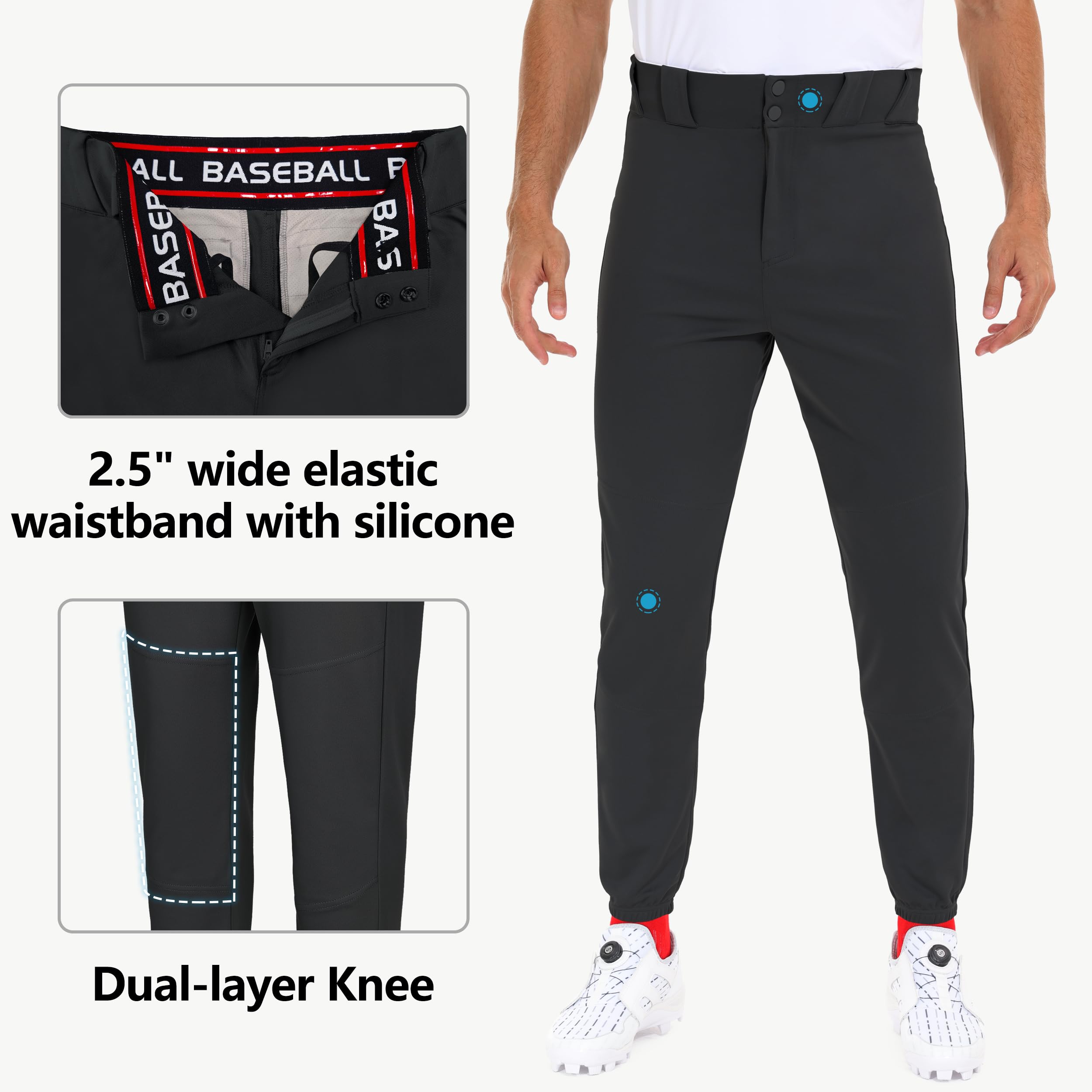 Men's Baseball Jogger Pants - Elastic Tapered Leg with Double-Layered Knee Protection, 2.5