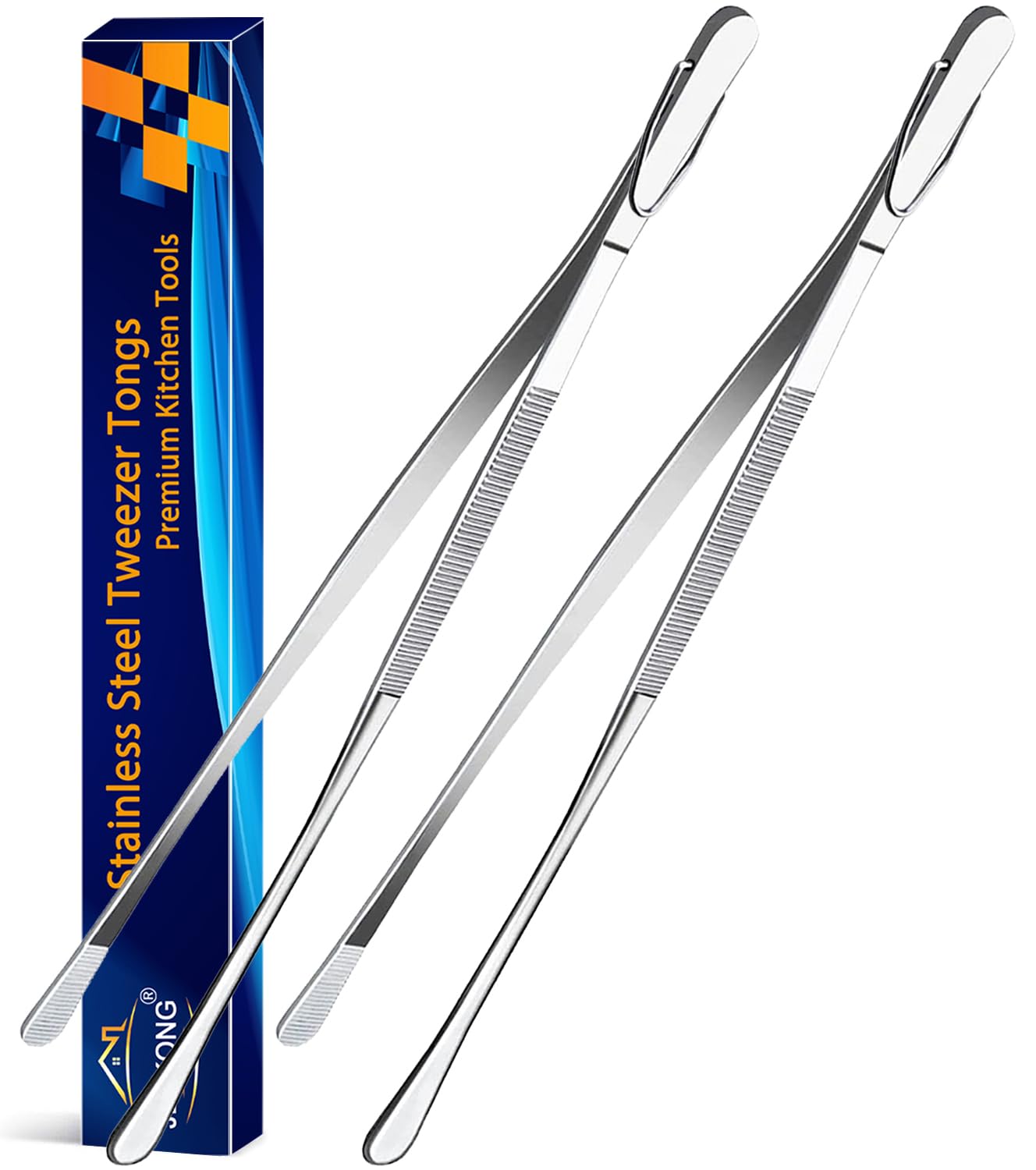 JETKONG 2pc Long Stainless Steel Kitchen Tweezers for Cooking & Serving