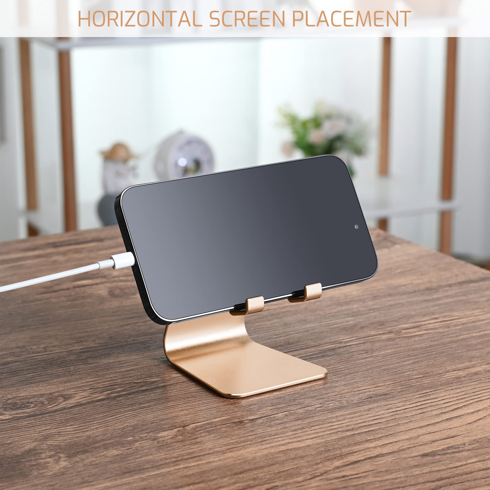 Premium Aluminum Alloy Phone Stand - Adjustable Desktop Phone Holder with 360° Rotation, Universal Smartphone Dock Cradle in Gold (Perfect for Home Office, Bedside, Kitchen & Video Calls)