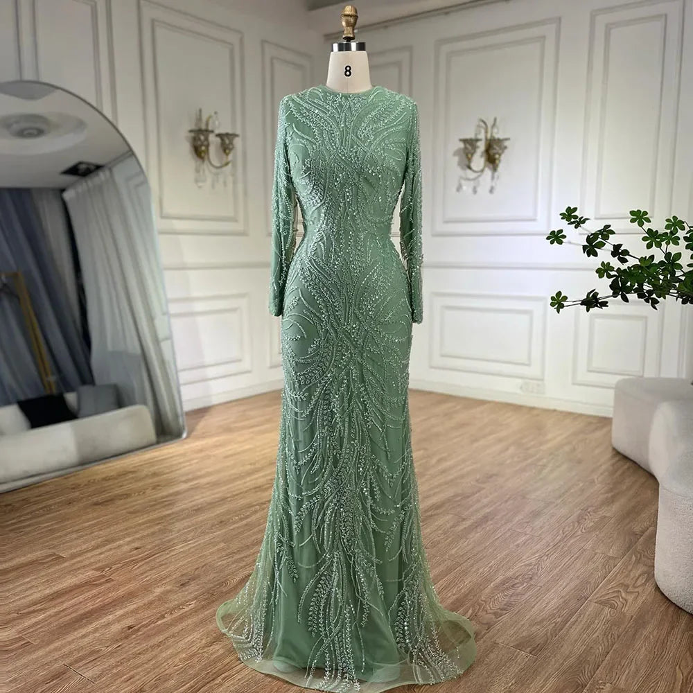 Luxury Dubai Muslim Sage Green Mermaid Cape Sleeves Beaded Satin Evening Gowns for Women - Elegant Party Dresses for Weddings, Galas & Special Occasions