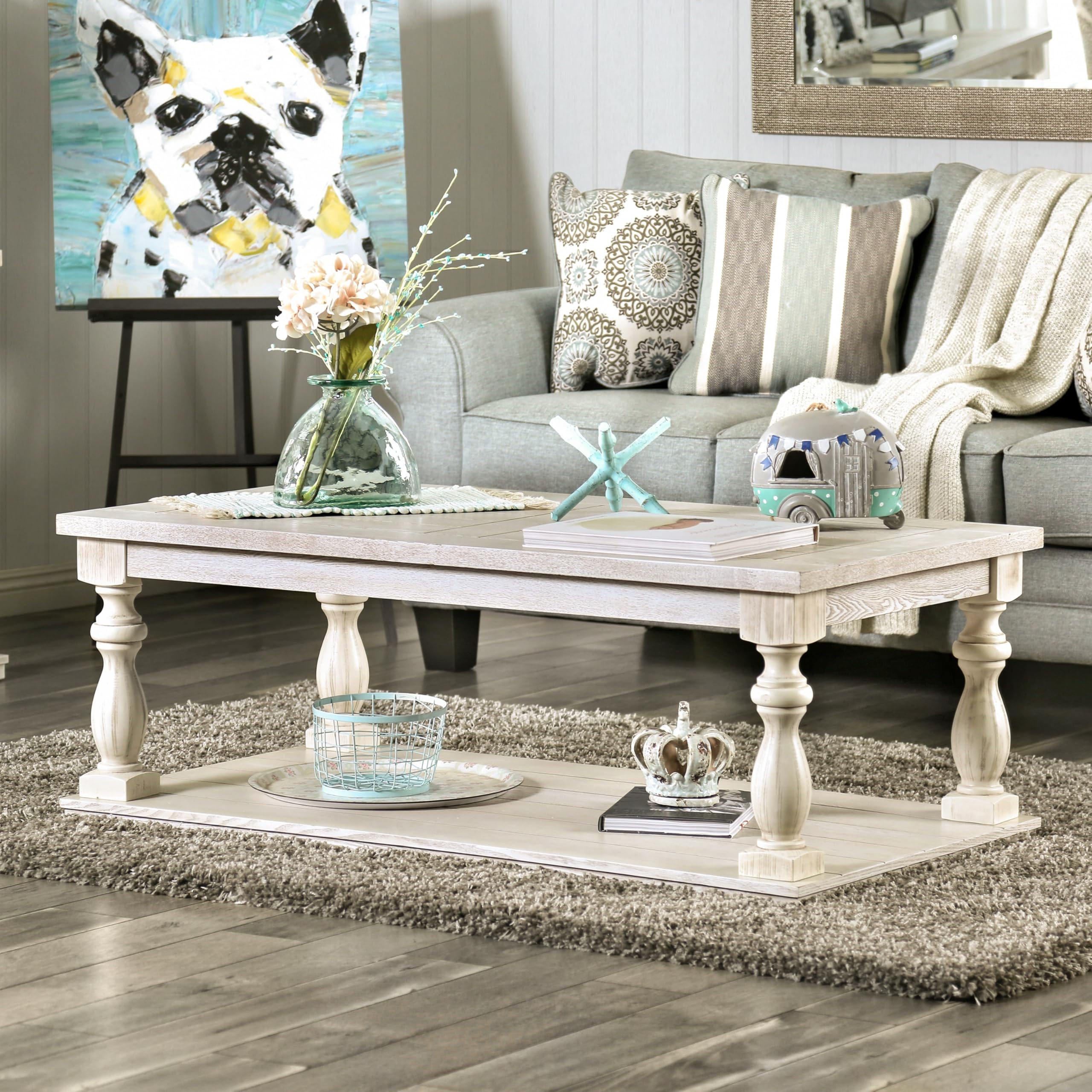 Antique White Kingsbury Coffee Table - Modern Farmhouse Style Living Room Furniture for Home Decor & Cozy Gatherings