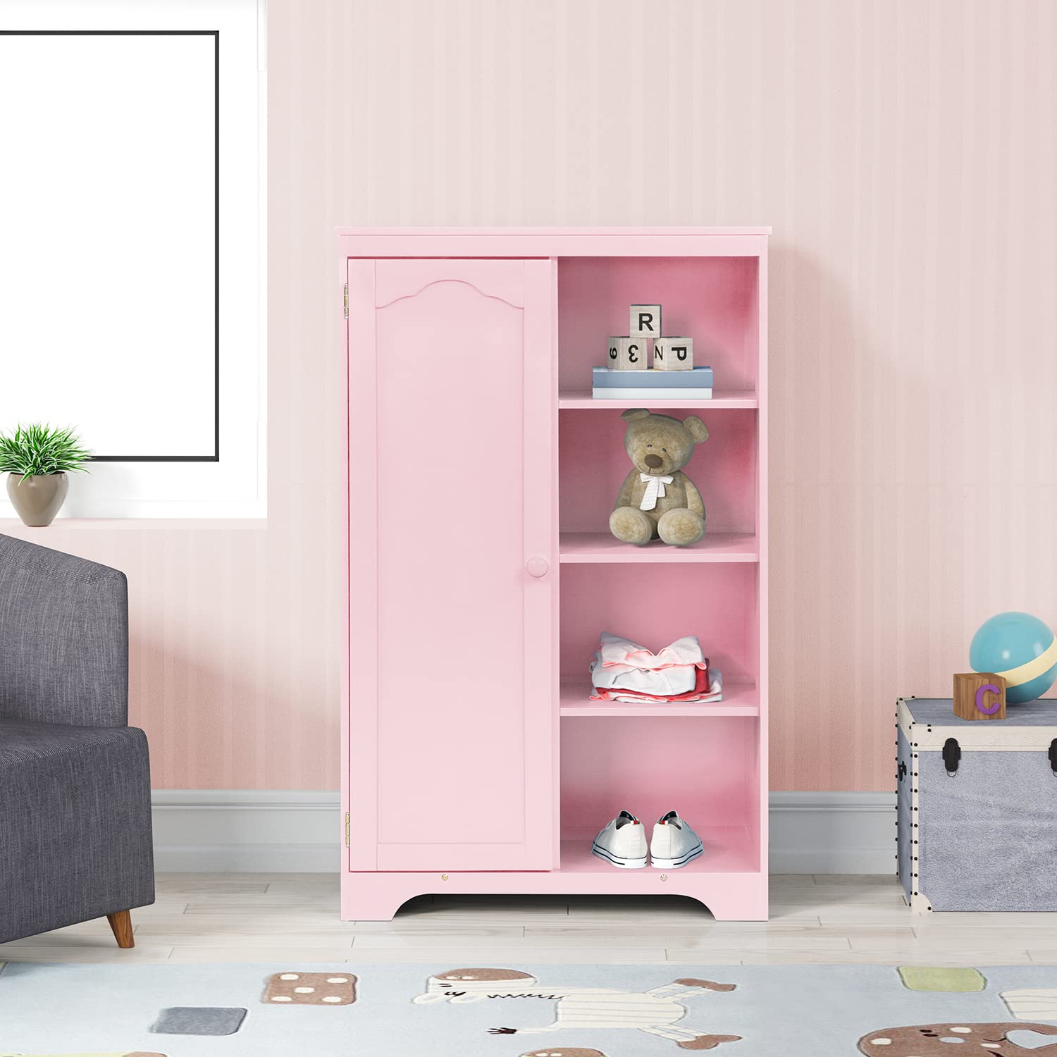 Polibi Wooden Dress Up Center - Kids Wardrobe Armoire with Door Closet & 4-Tier Shelves, Pink Bedroom Storage Cabinet for Boys & Girls - Perfect for Toy Organization, Pretend Play & Kids Room Decor