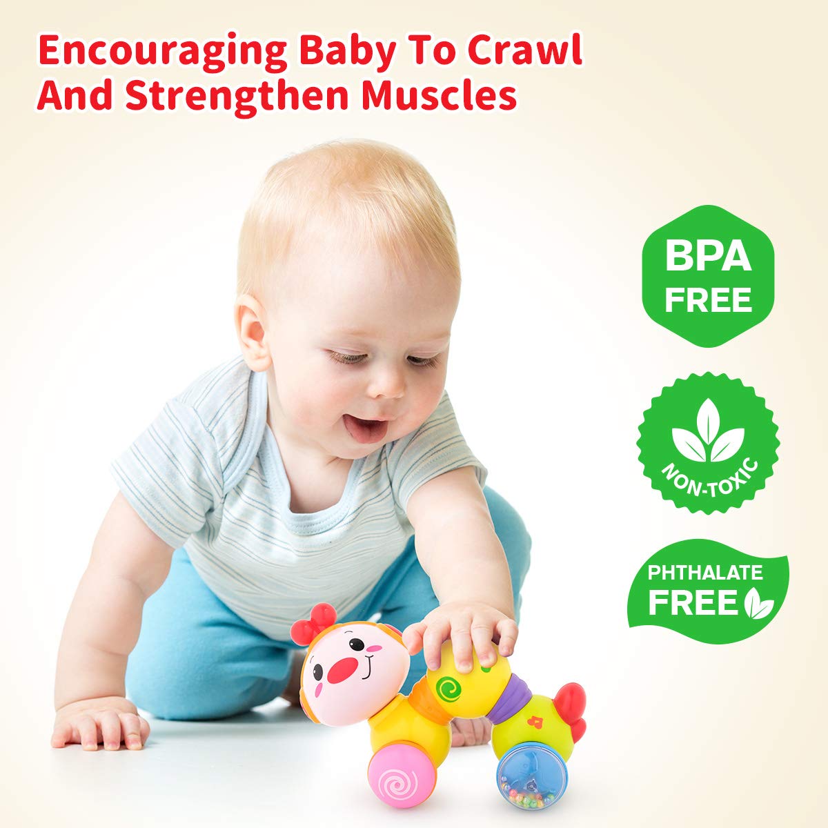 Vanmor Musical Crawling Baby Toy for 6-12 Months - Interactive Light Up Inchworm Crawler with Sounds, Early Learning Infant Toy for Boys & Girls 6-18 Months | Perfect for Tummy Time, First Birthday Gifts & Sensory Development Play
