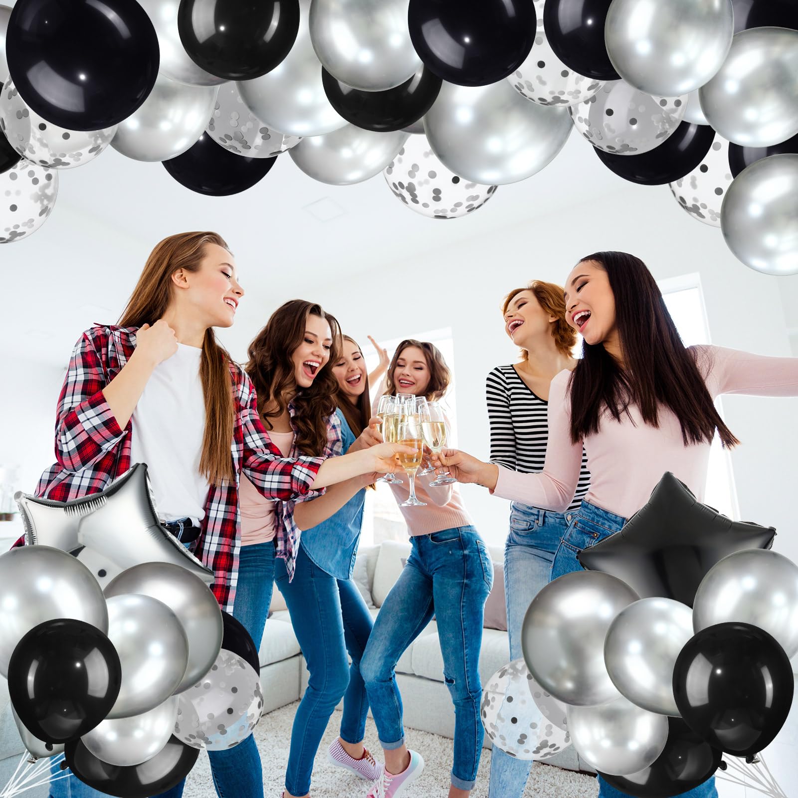 Tanlade 104 Pcs Prom 2025 Balloon Decorations Set - Graduation Party Supplies with Foil Balloons, Confetti Balloons & Column Balloon Boxes for Indoor/Outdoor Class of 2025 Celebrations (Black & Silver) - Perfect for Graduation Parties, Prom Nights, School Events & Birthday Celebrations